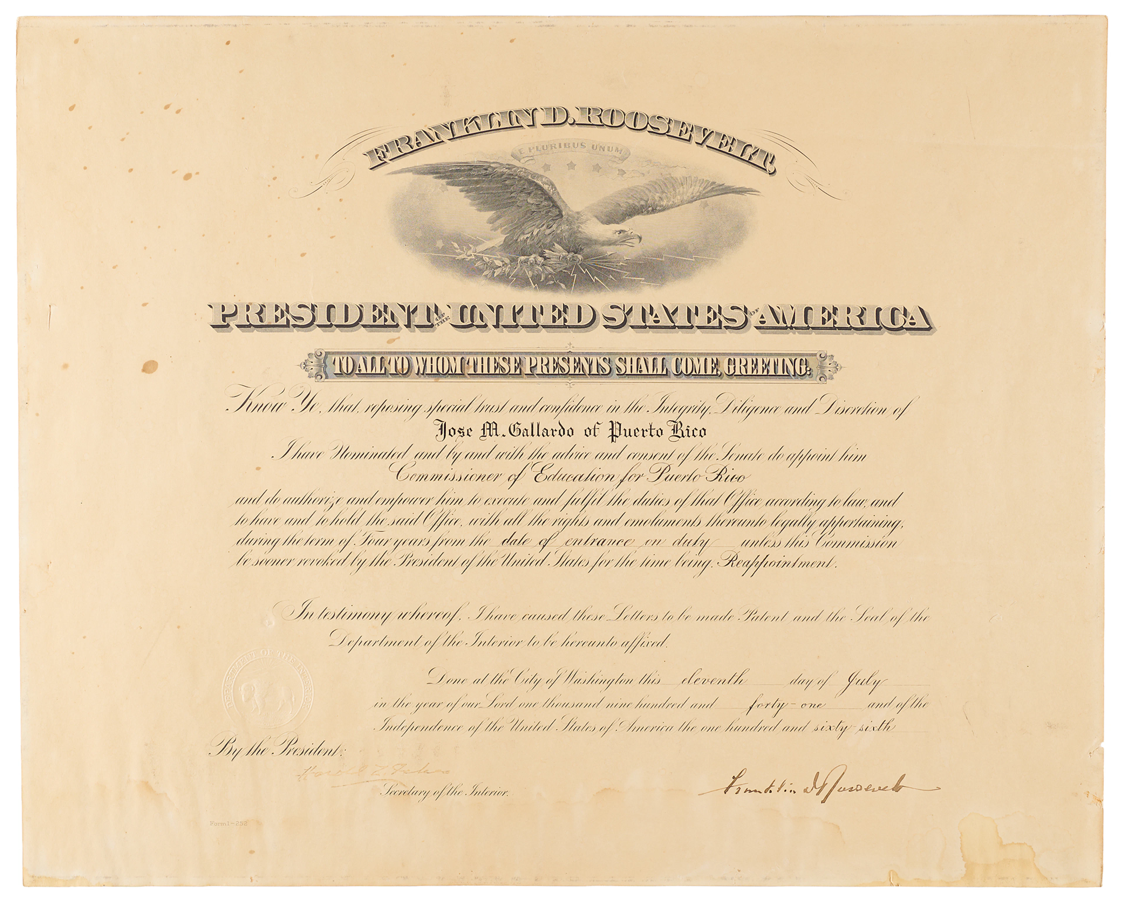 Franklin D. Roosevelt Document Signed as President, Appointing the