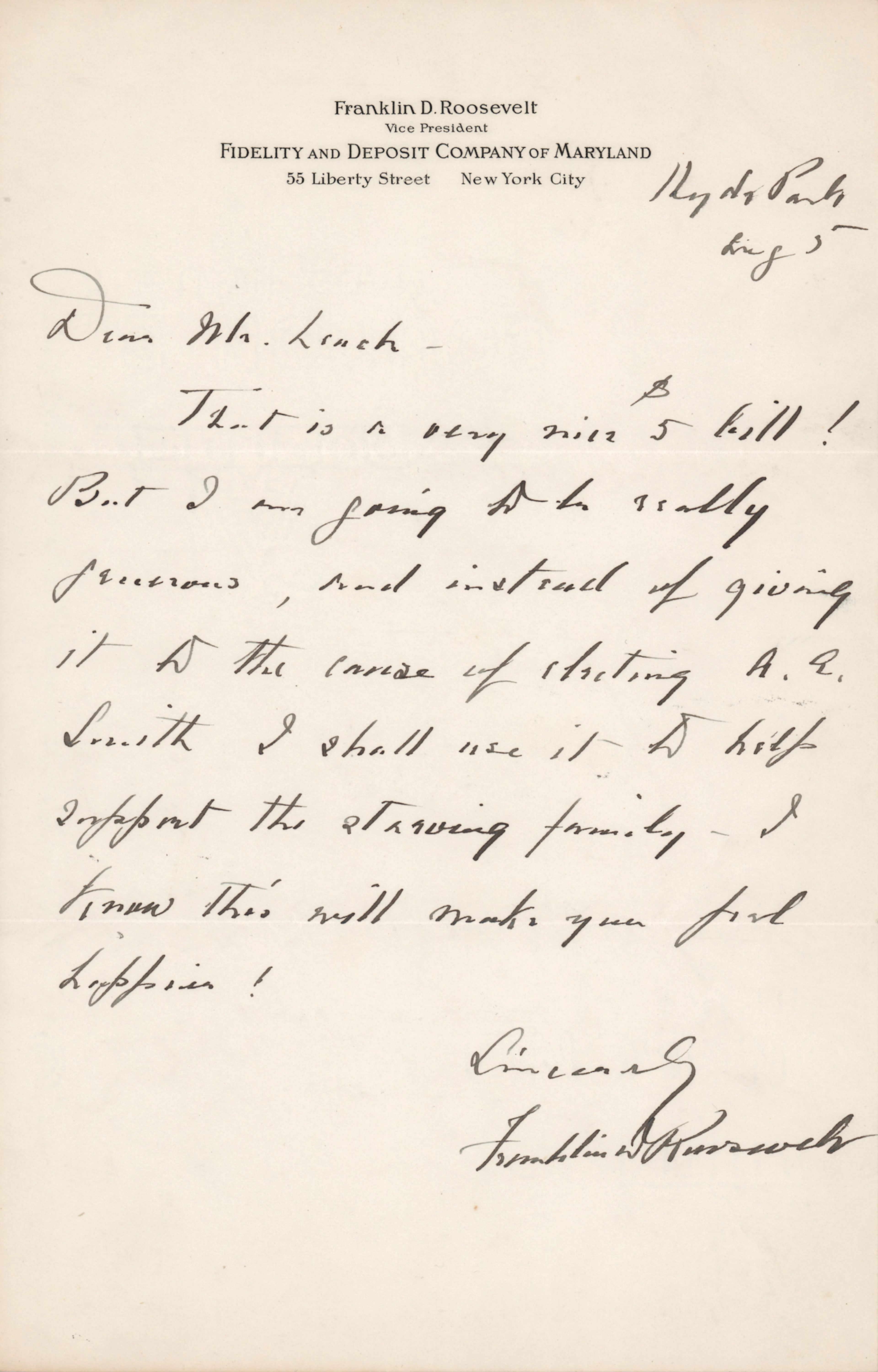 Franklin D. Roosevelt Autograph Letter Signed on a $5 Donation: "Instead