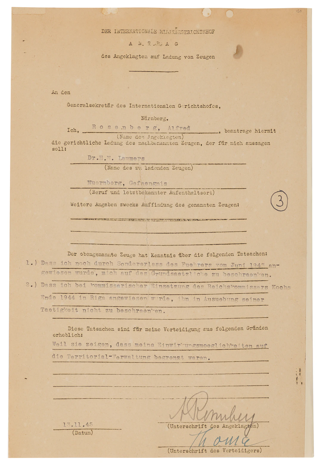 Alfred Rosenberg Document Signed at Nuremberg, Seeking Hans Lammers'