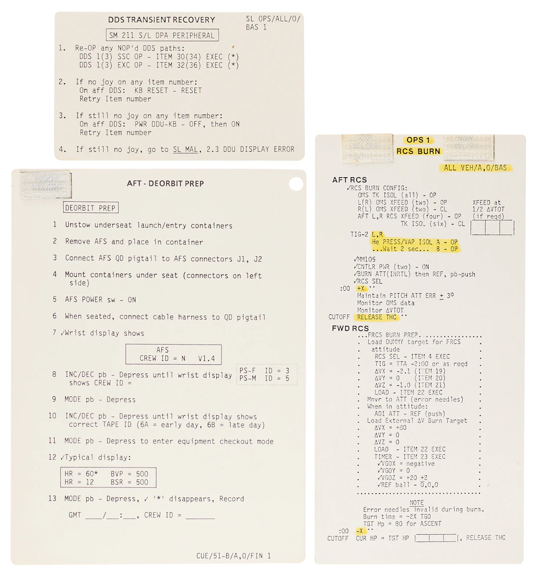STS-51-B (3) Cue Cards for Prelaunch/Post Insertion, DDS Transient