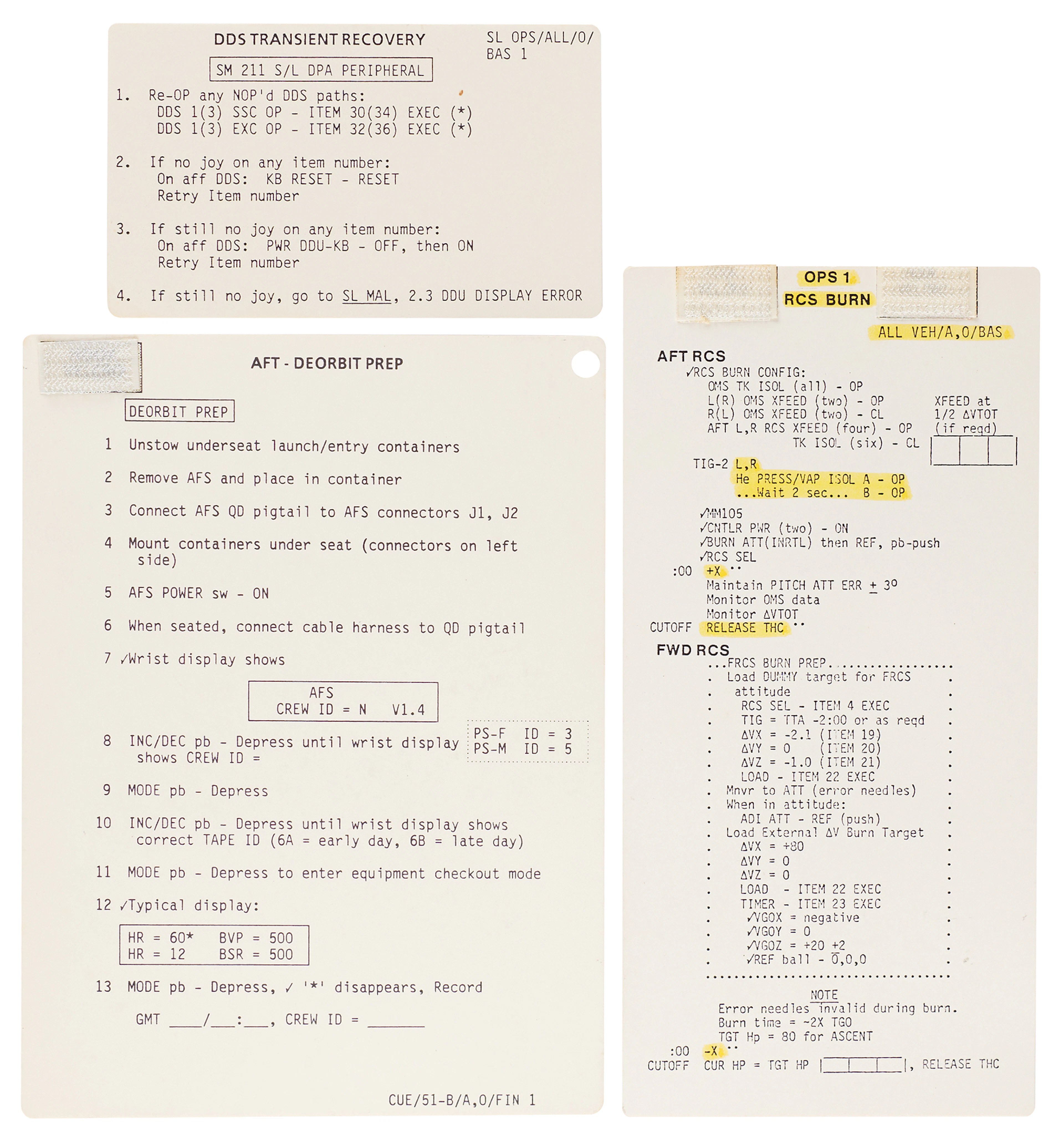 STS-51-B (3) Cue Cards for Prelaunch/Post Insertion, DDS Transient