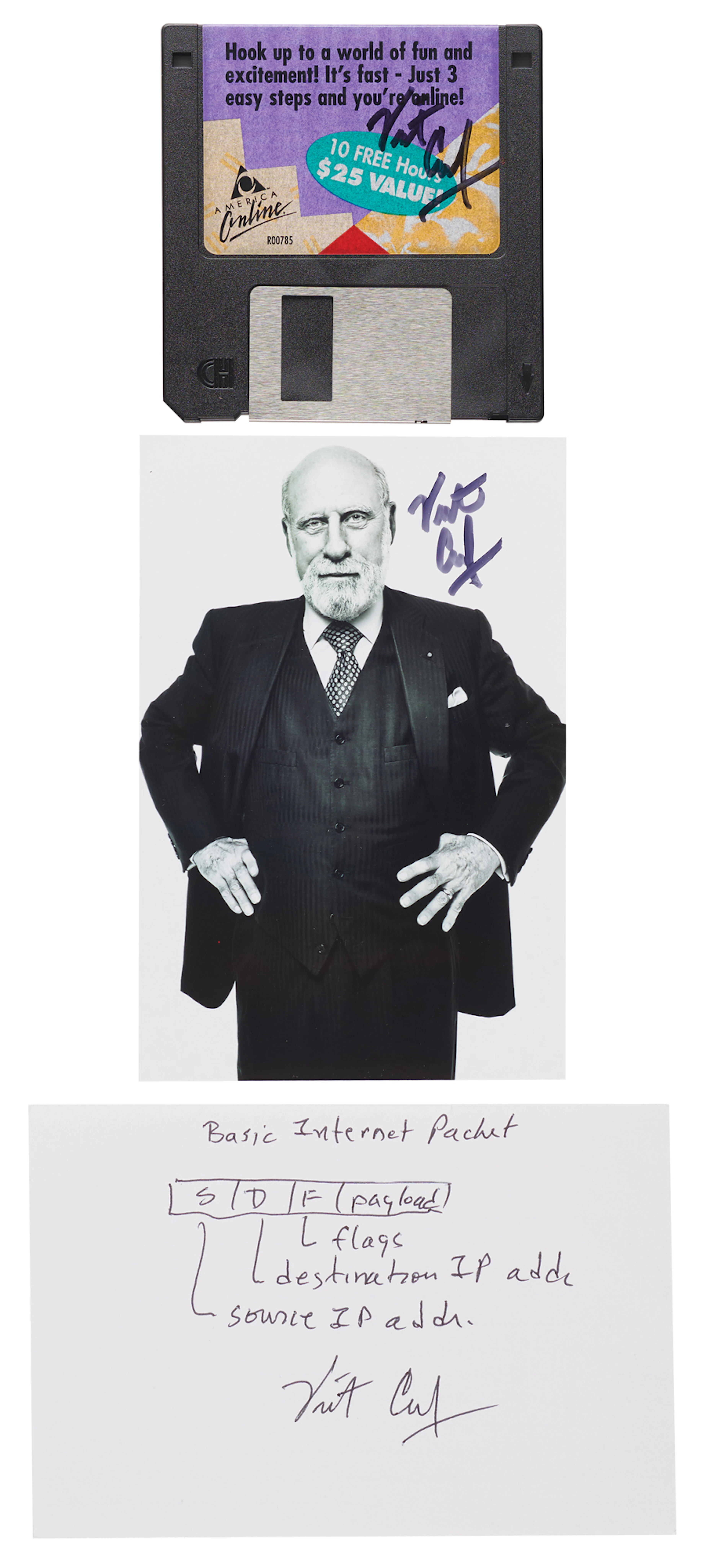Vint Cerf (3) Signed Items - Sketch, Photograph, and Computer Disk
