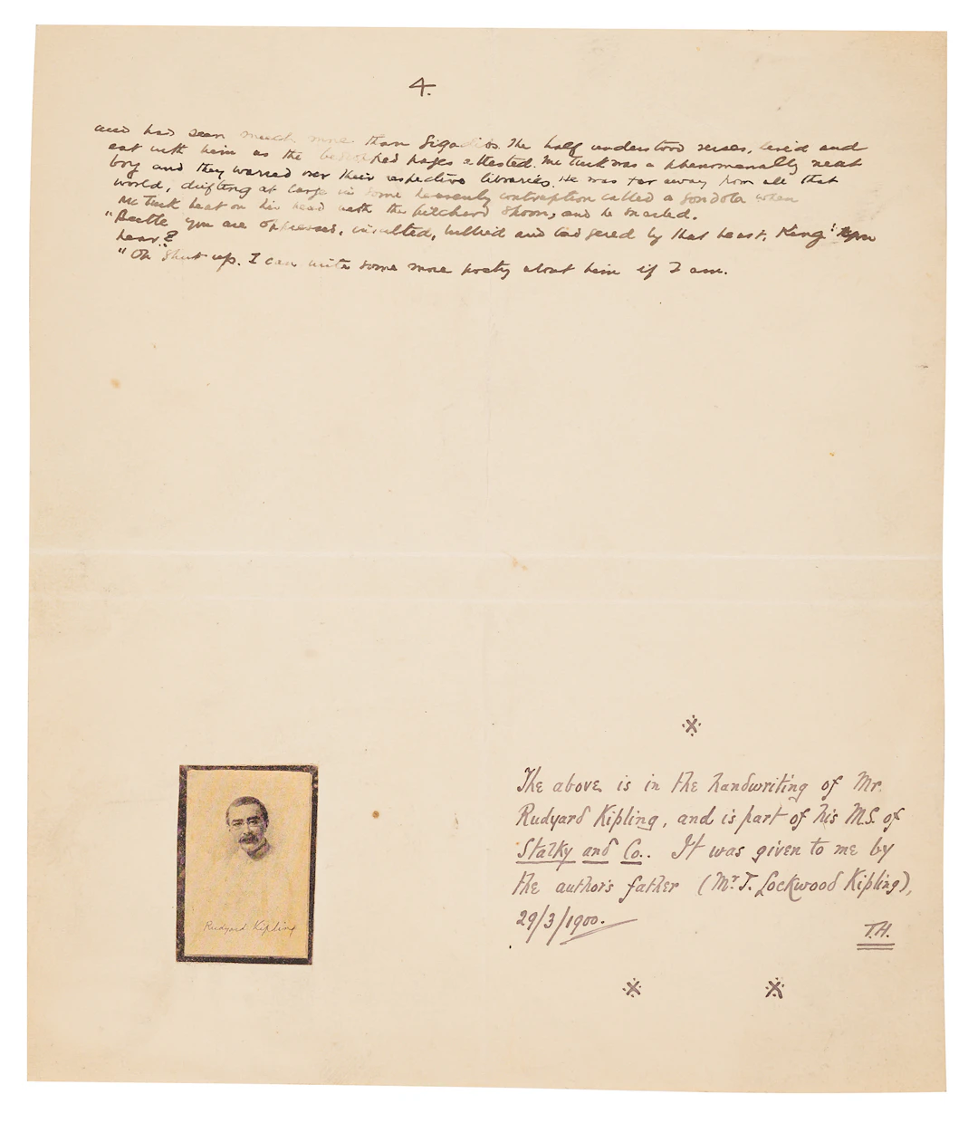 Rudyard Kipling Handwritten Manuscript Page from 'Stalky & Co.'