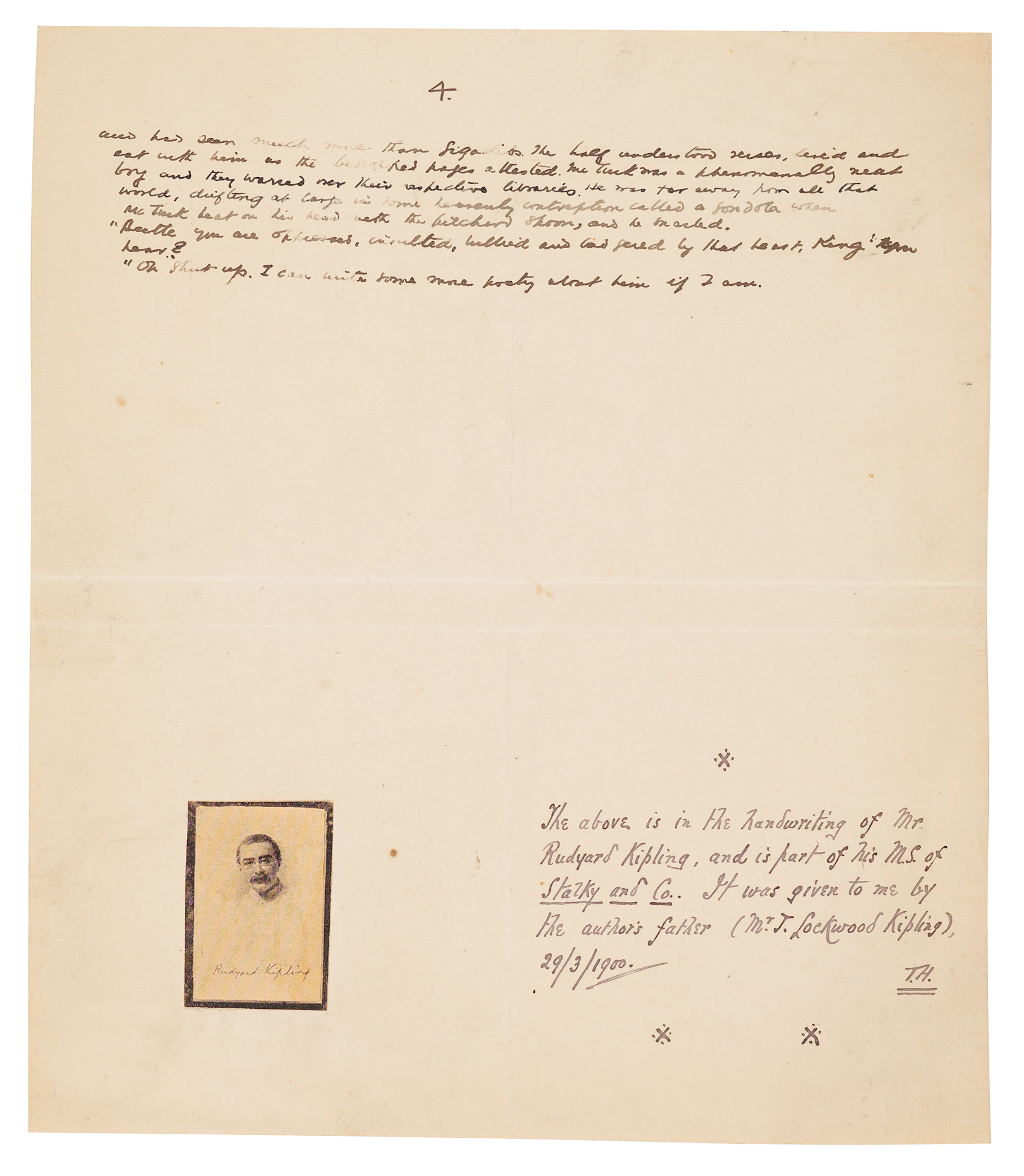 Rudyard Kipling Handwritten Manuscript Page from 'Stalky & Co.'