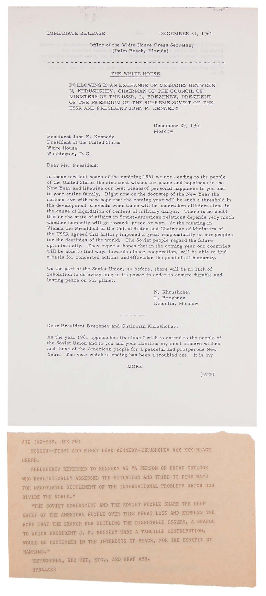 John F. Kennedy and Nikita Khrushchev White House Press Release and Teletype
