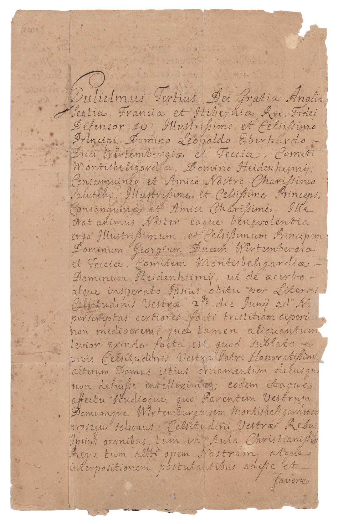 King William III Letter Signed, Offering Condolences on the Death