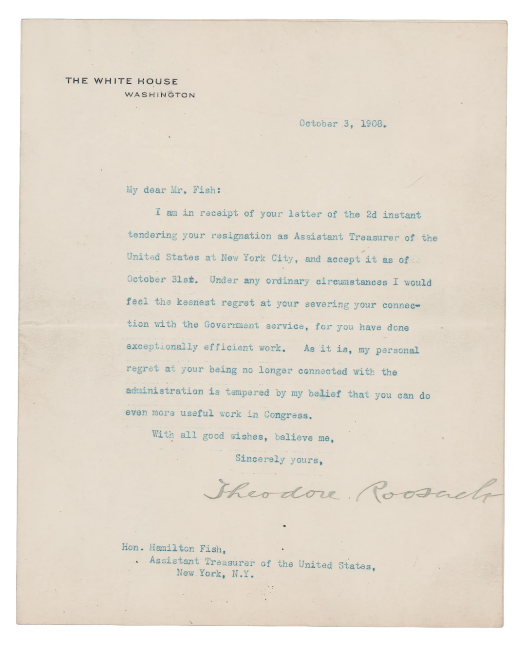 Theodore Roosevelt Typed Letter Signed as President