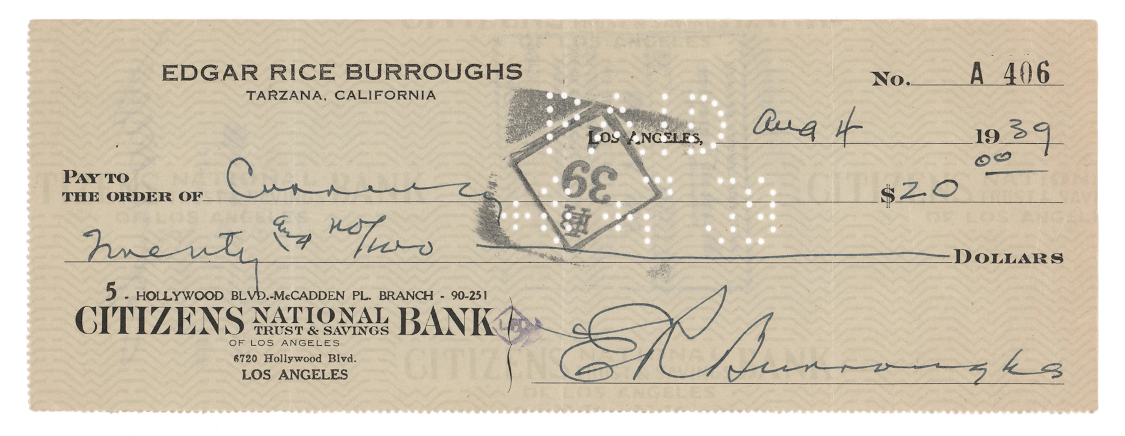 Edgar Rice Burroughs Signed Check