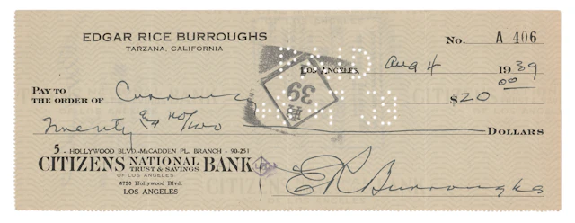 Edgar Rice Burroughs Signed Check