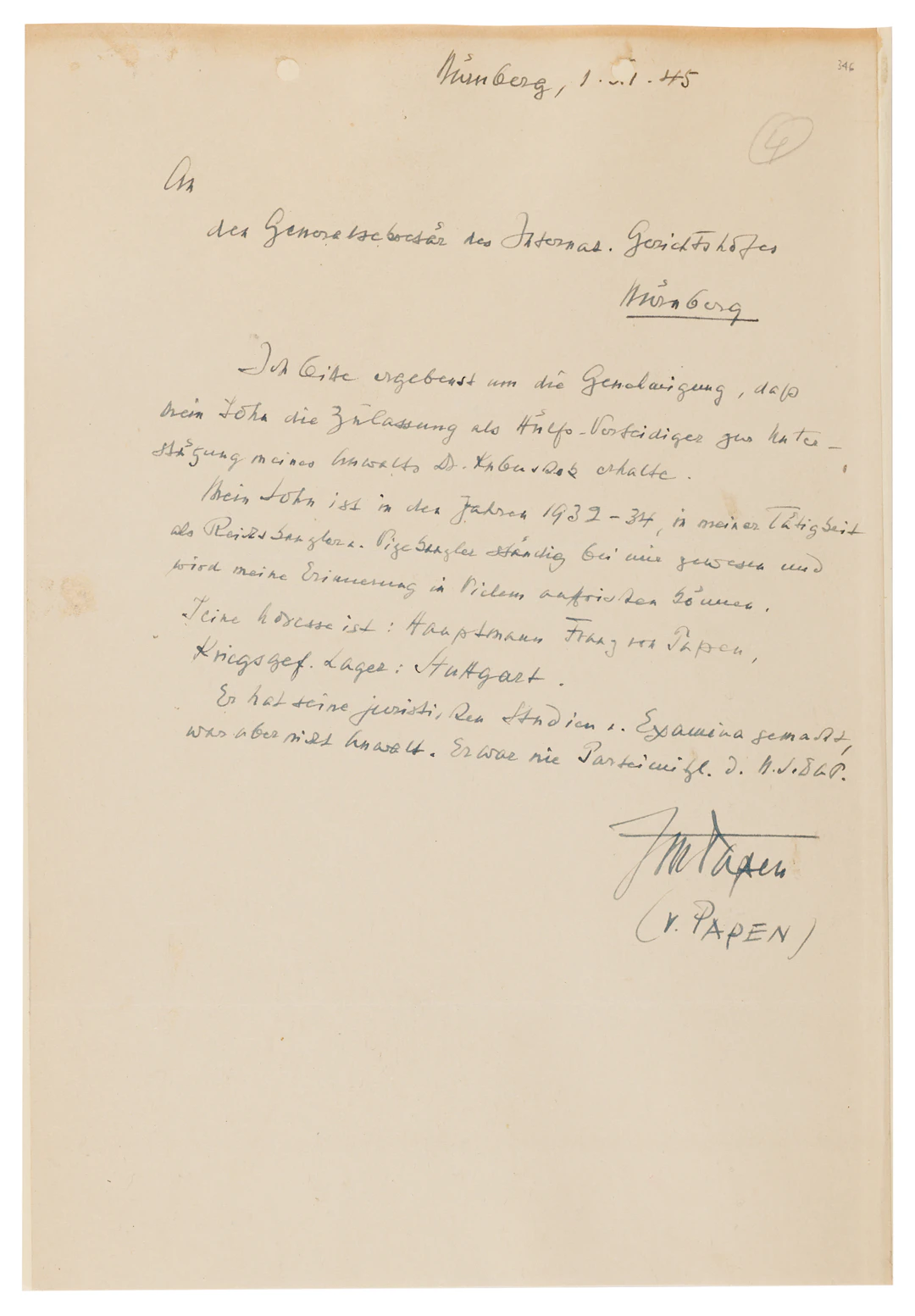 Franz von Papen Autograph Letter Signed at Nuremberg, Requesting His
