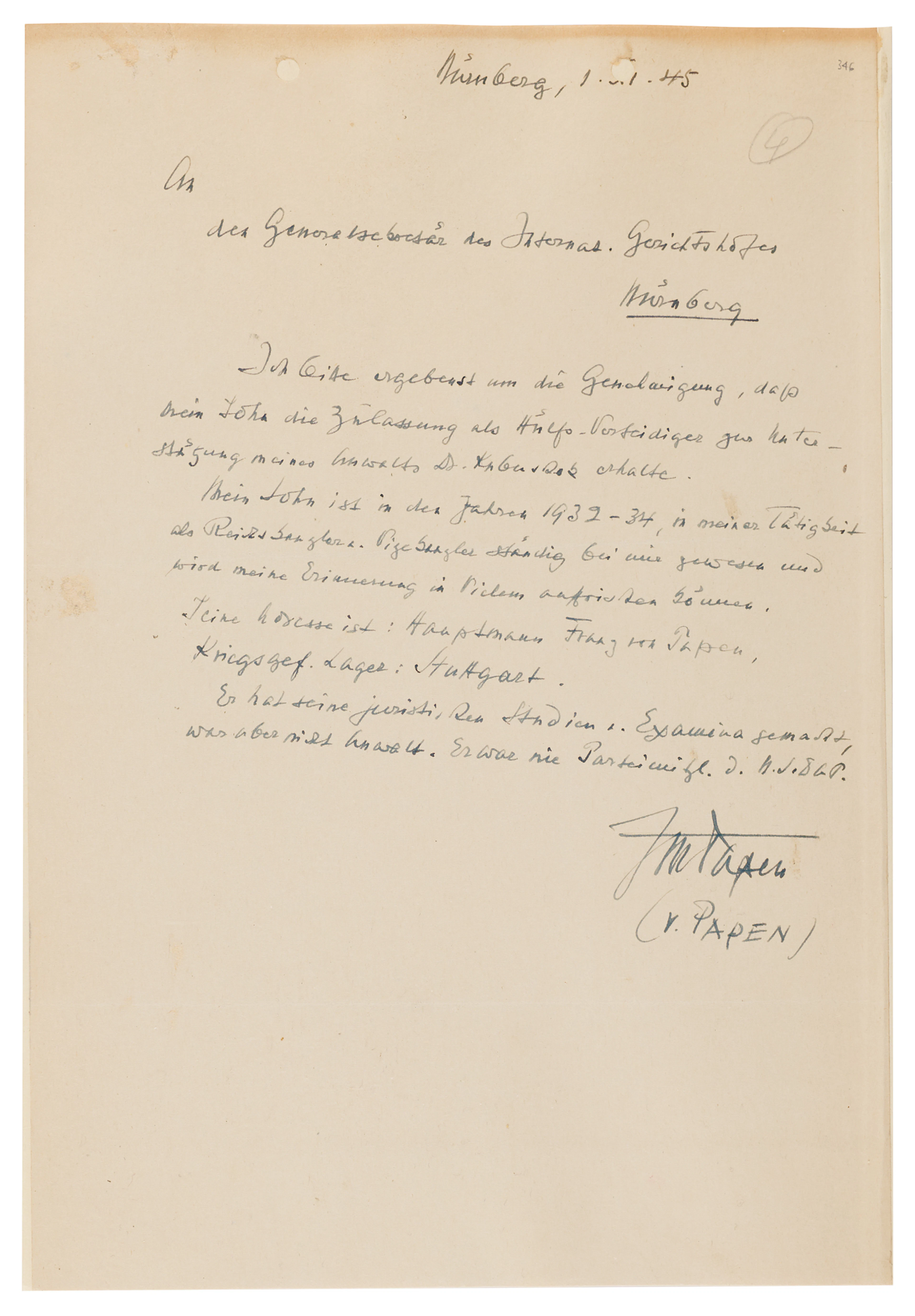 Franz von Papen Autograph Letter Signed at Nuremberg, Requesting His