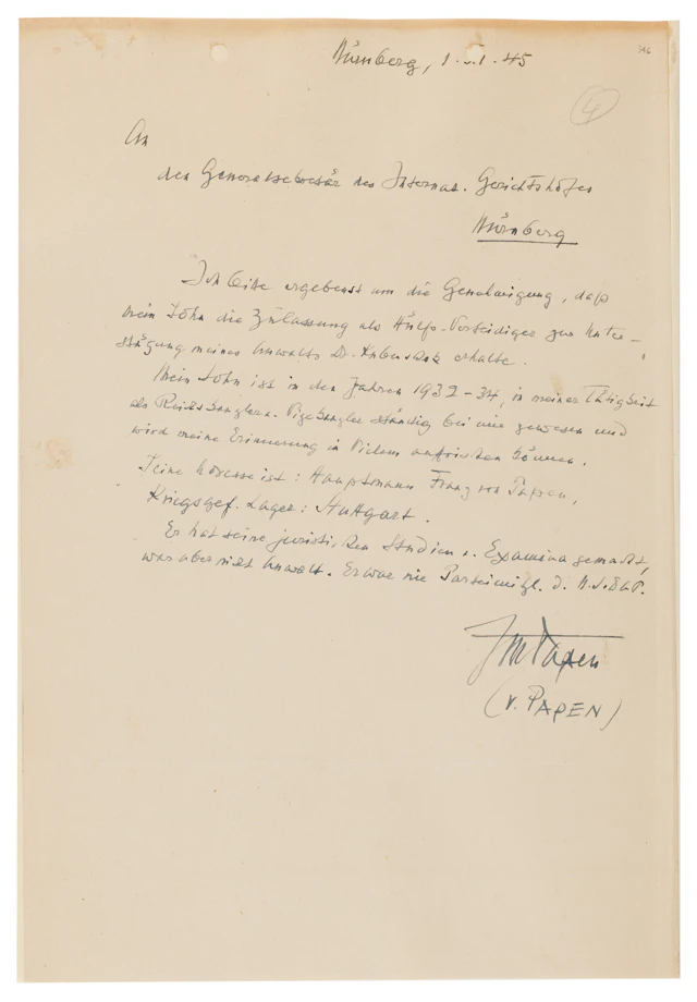 Franz von Papen Autograph Letter Signed at Nuremberg, Requesting His