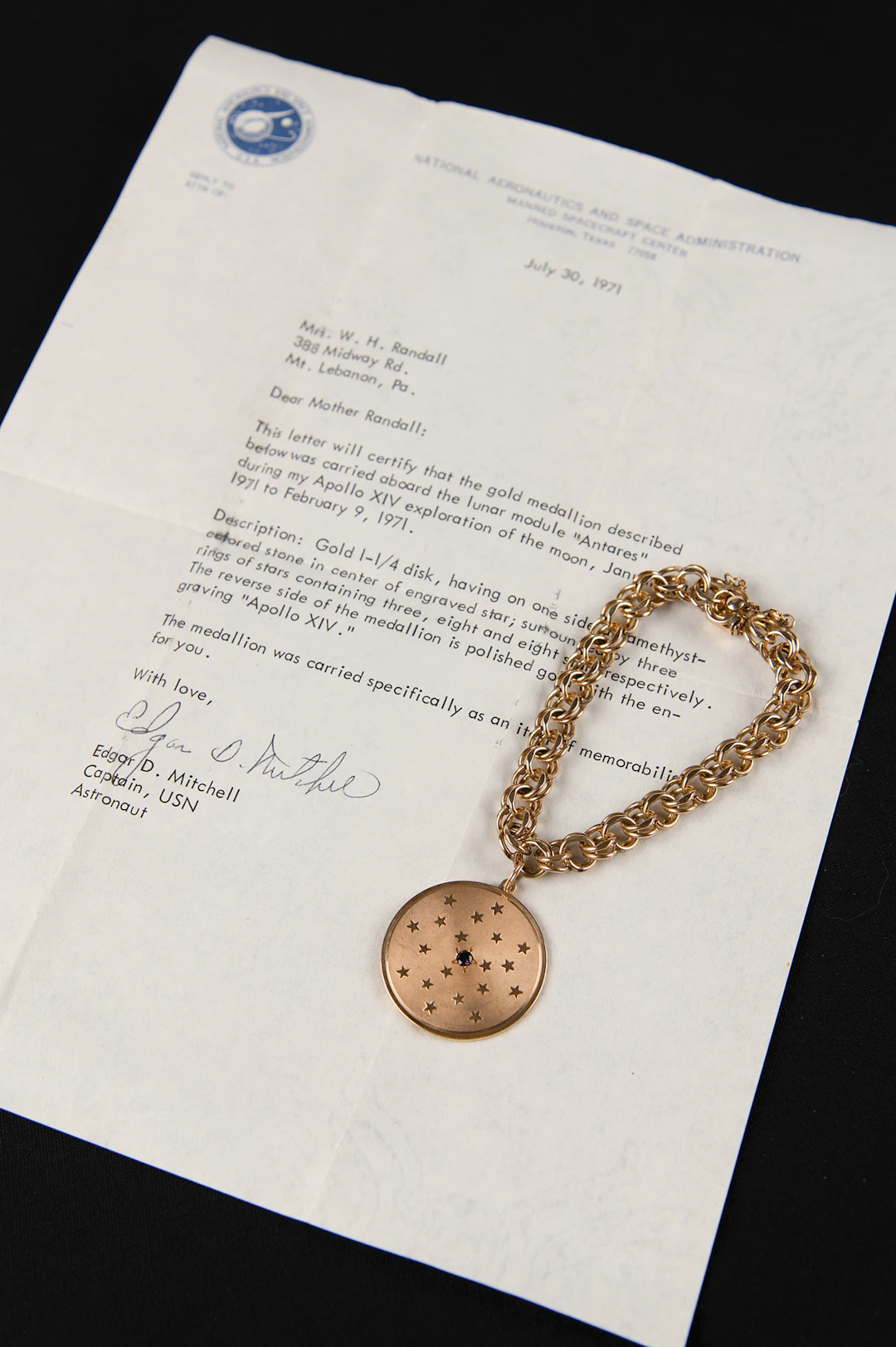 Apollo 14 Lunar Surface-Flown 14K Gold Pendant - From the Personal