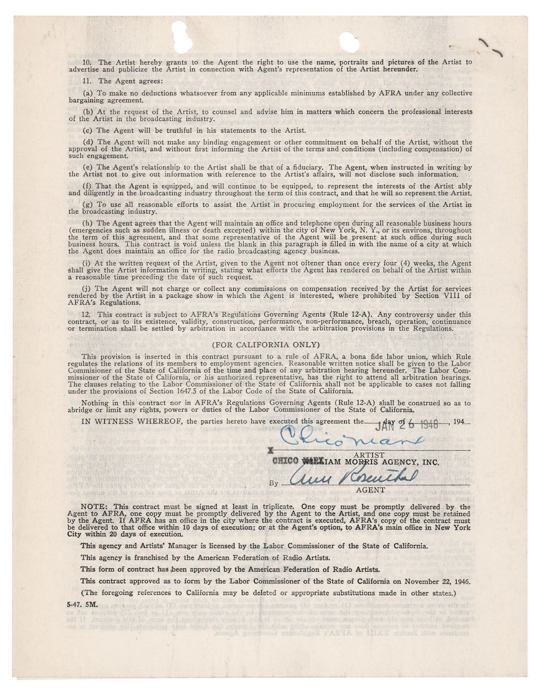 Chico Marx Document Signed