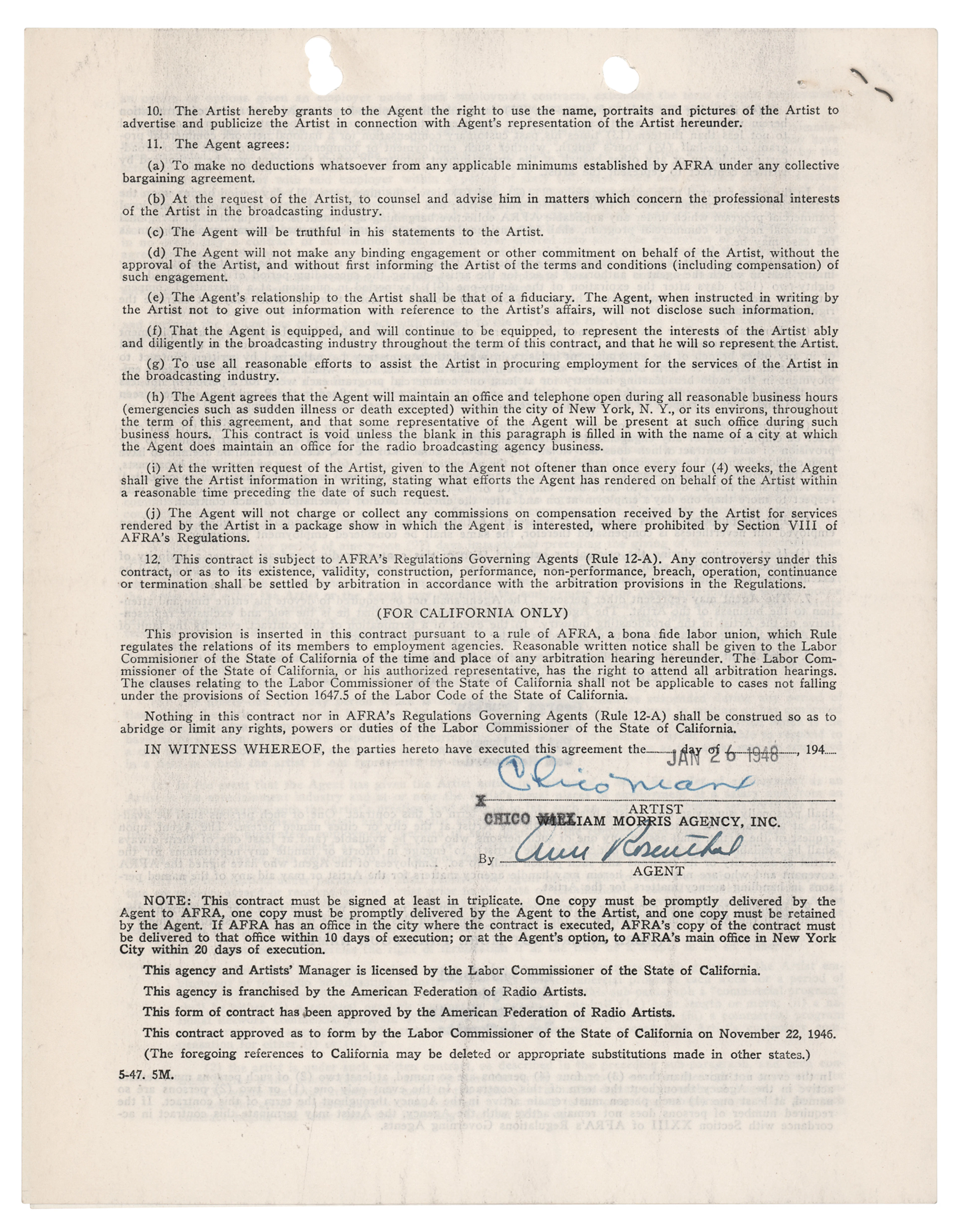 Chico Marx Document Signed