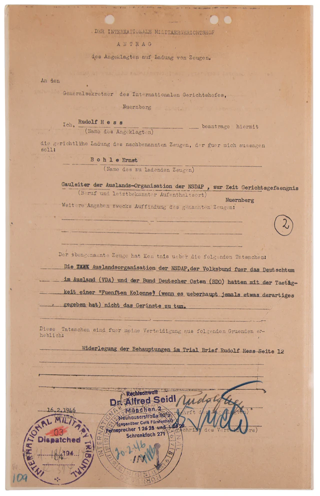 Rudolf Hess Document Signed at Nuremberg, Challenging the Prosecution's
