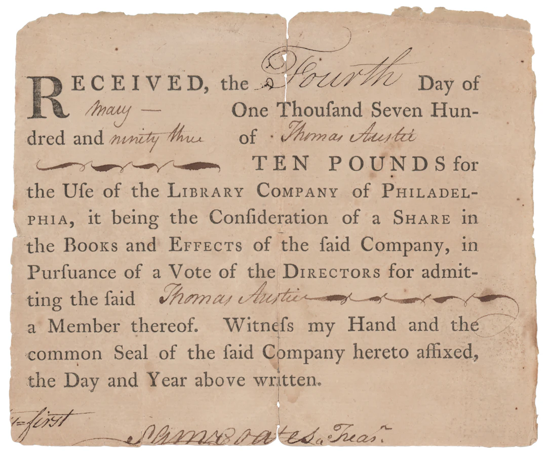 Samuel Coates Signed Library Company of Philadelphia Membership Receipt (1793)
