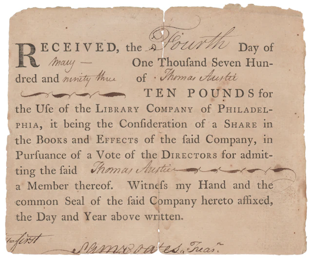 Samuel Coates Signed Library Company of Philadelphia Membership Receipt (1793)