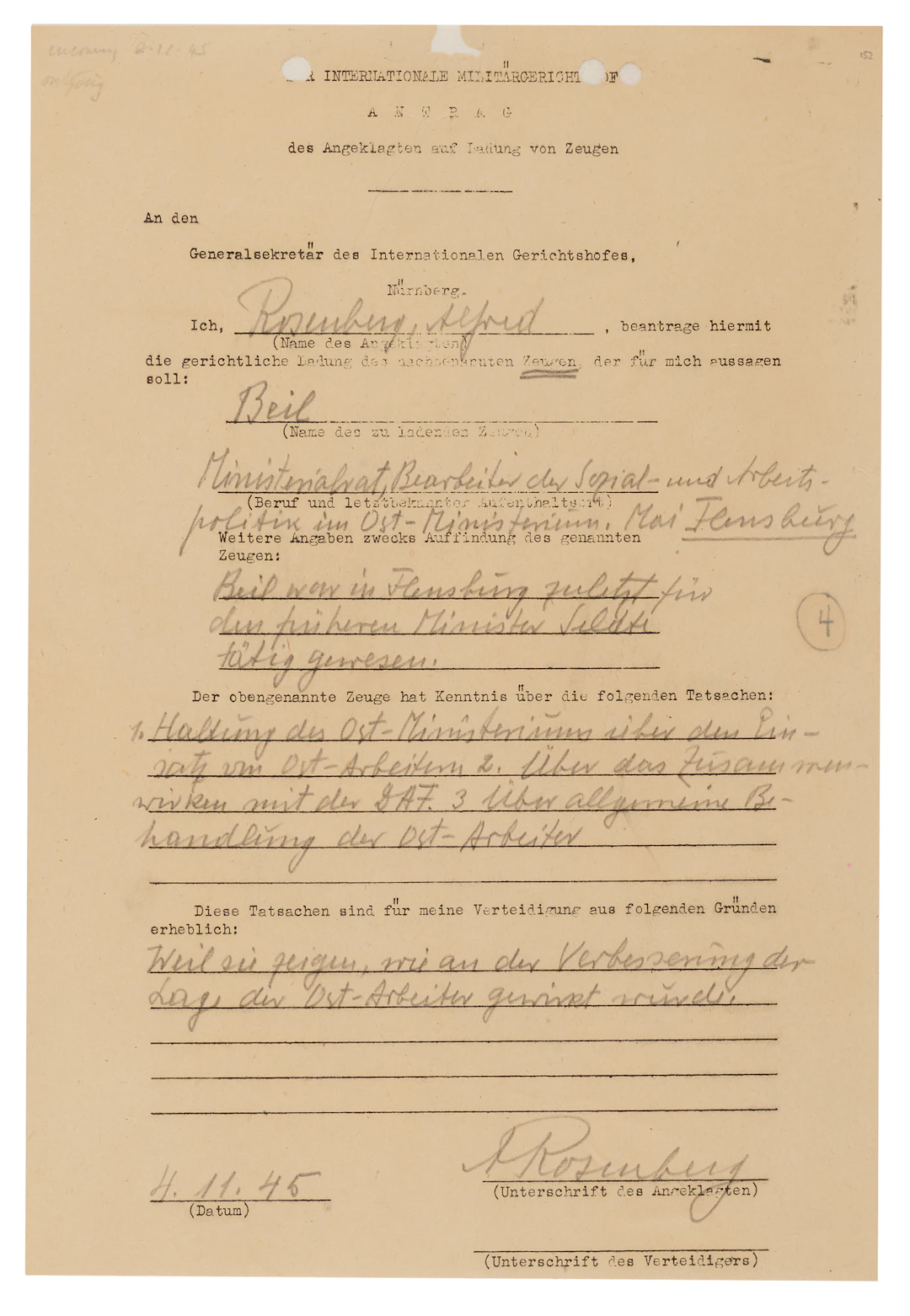 Alfred Rosenberg Document Signed at Nuremberg, Seeking Testimony on