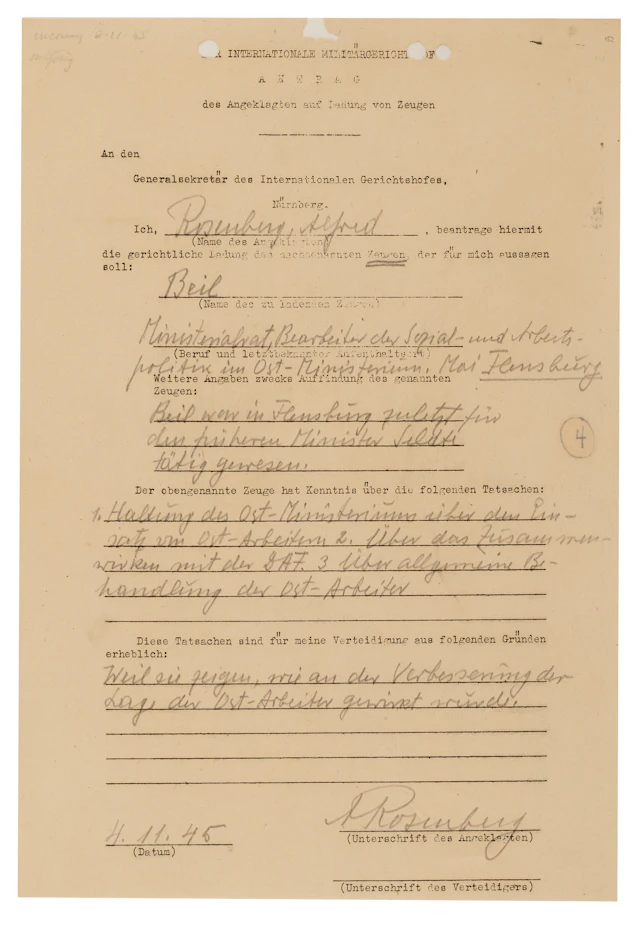 Alfred Rosenberg Document Signed at Nuremberg, Seeking Testimony on