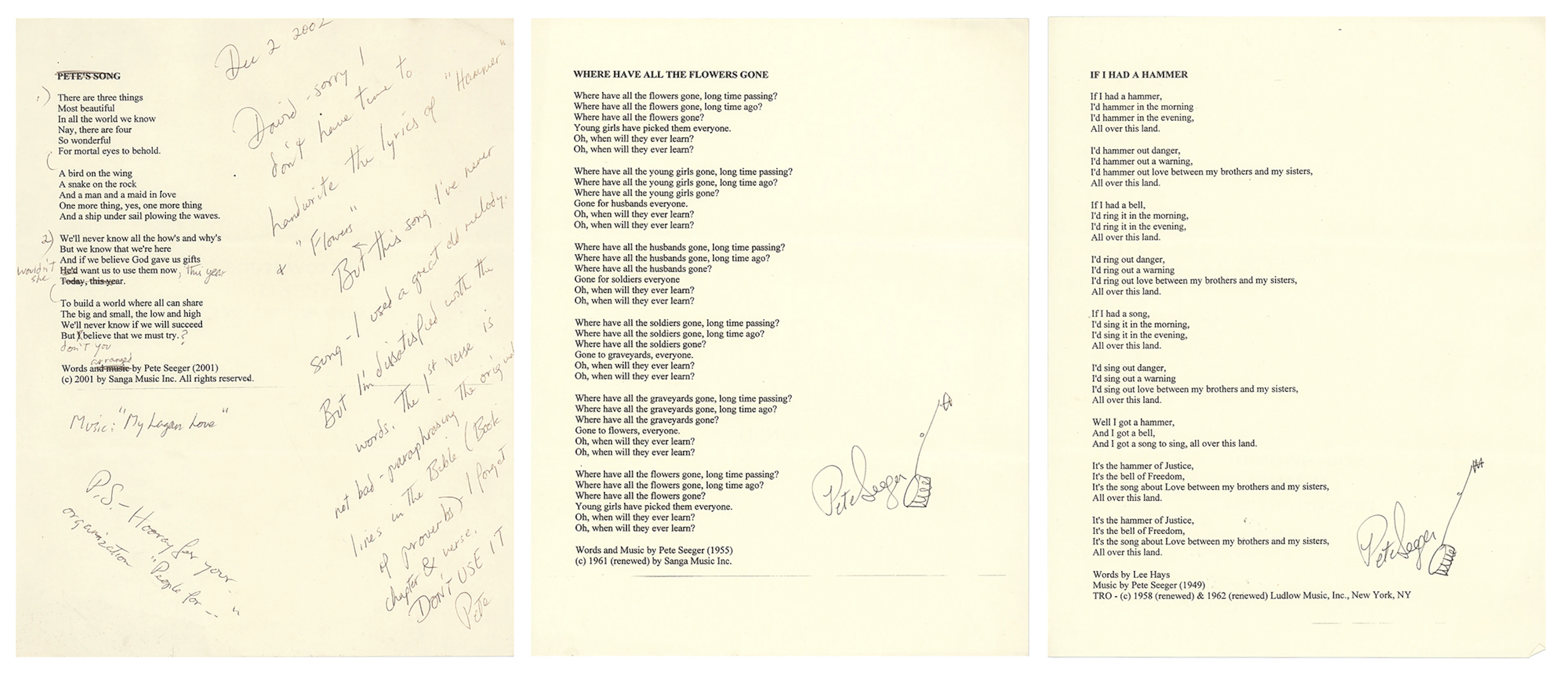 Pete Seeger (3) Signed Items - Letter and Lyric Sheets