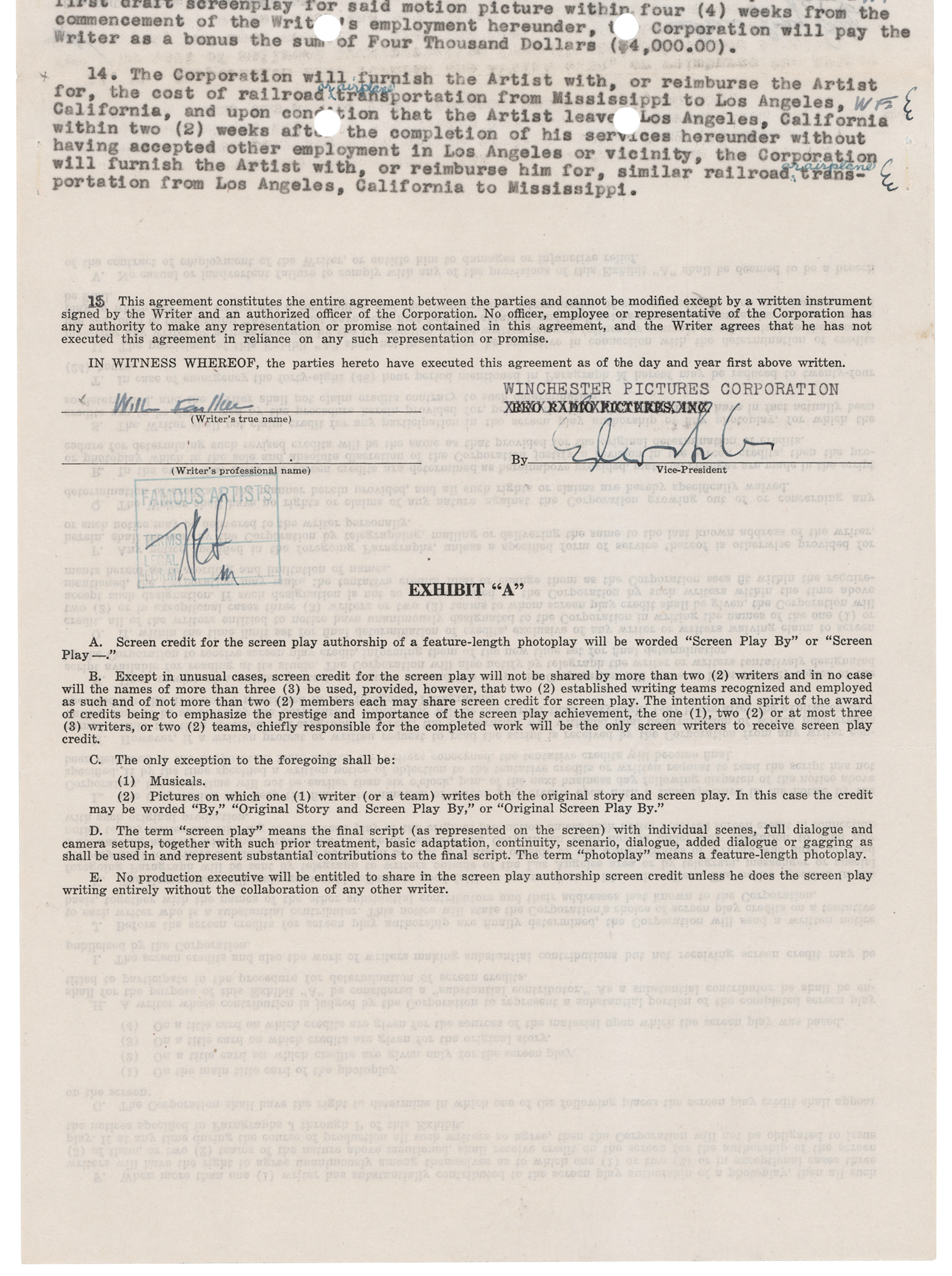 William Faulkner Signed Screenwriting Contract for The Left Hand of God (1951)
