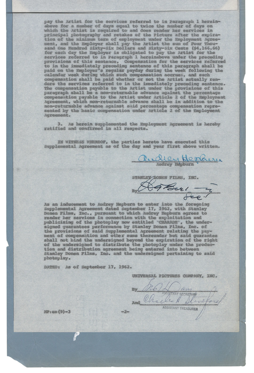 Audrey Hepburn Signed Film Document for Charade