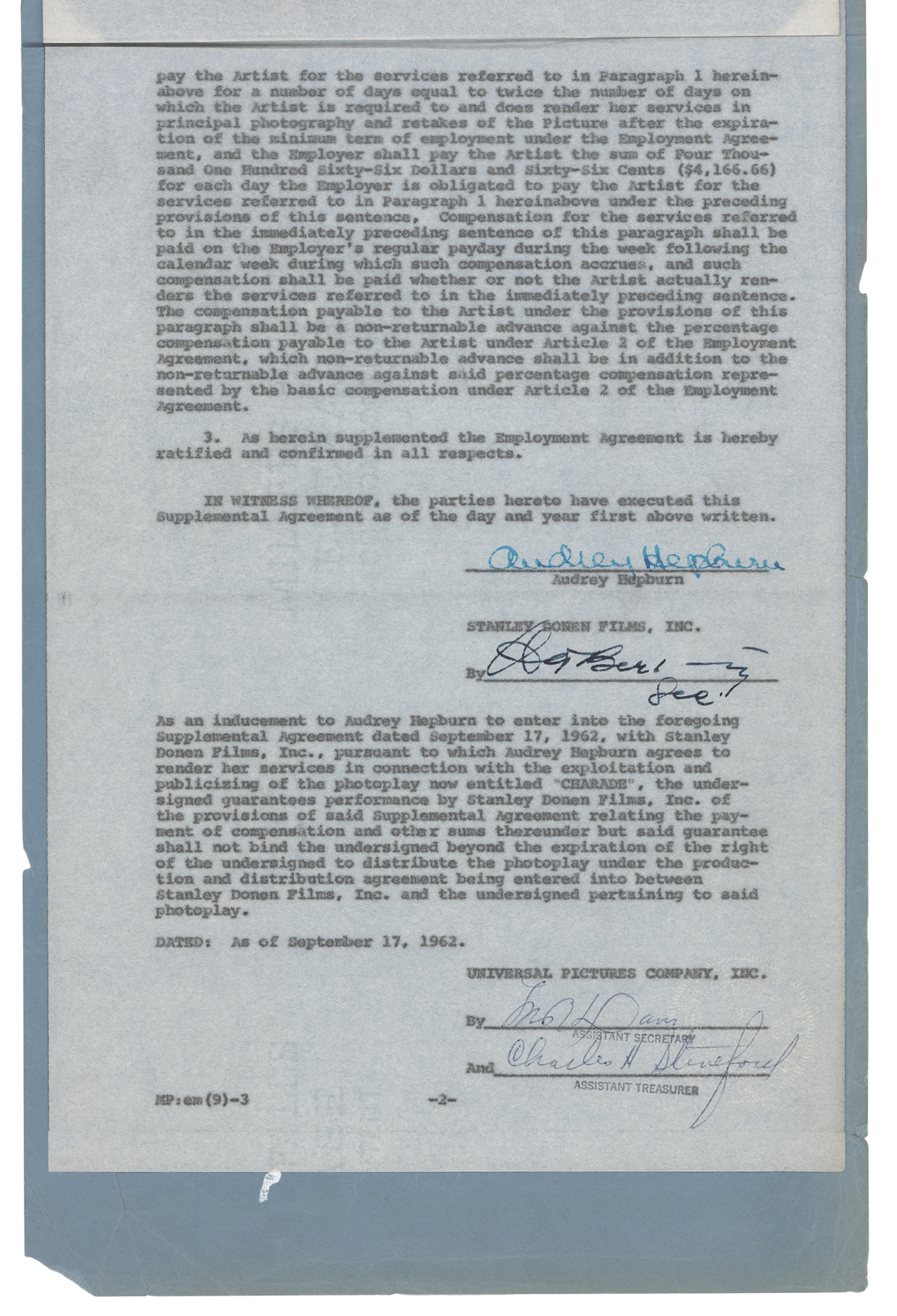 Audrey Hepburn Signed Film Document for Charade