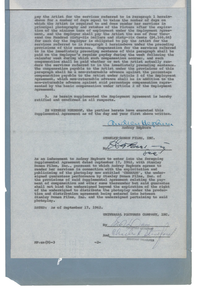 Audrey Hepburn Signed Film Document for Charade