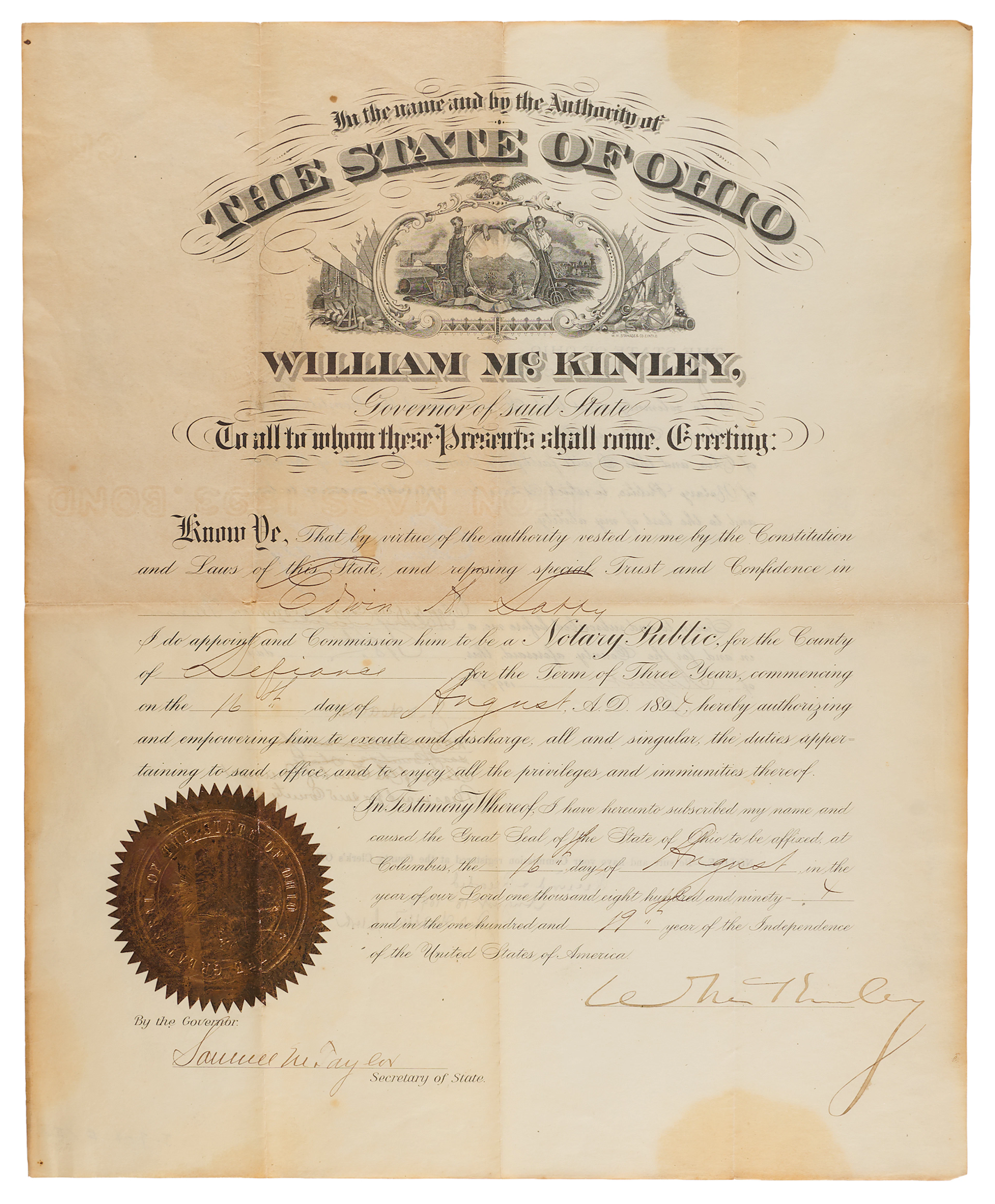 William McKinley Document Signed as Governor of Ohio, Appointing a