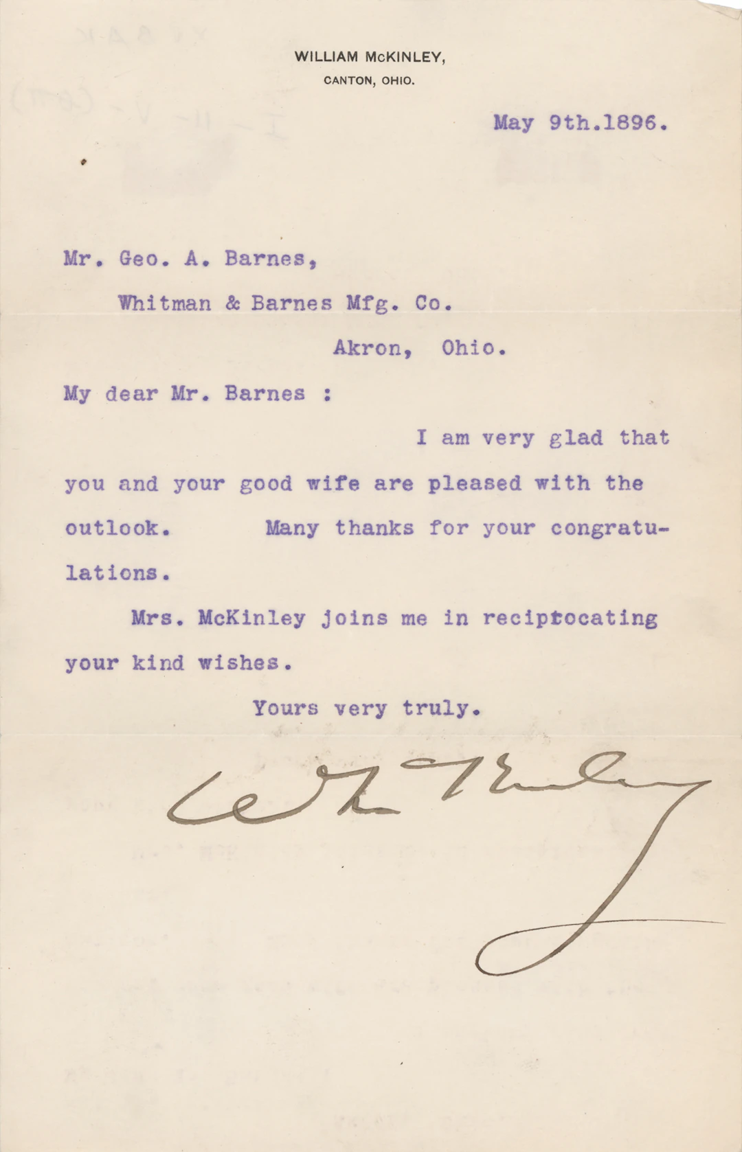 William McKinley Typed Letter Signed