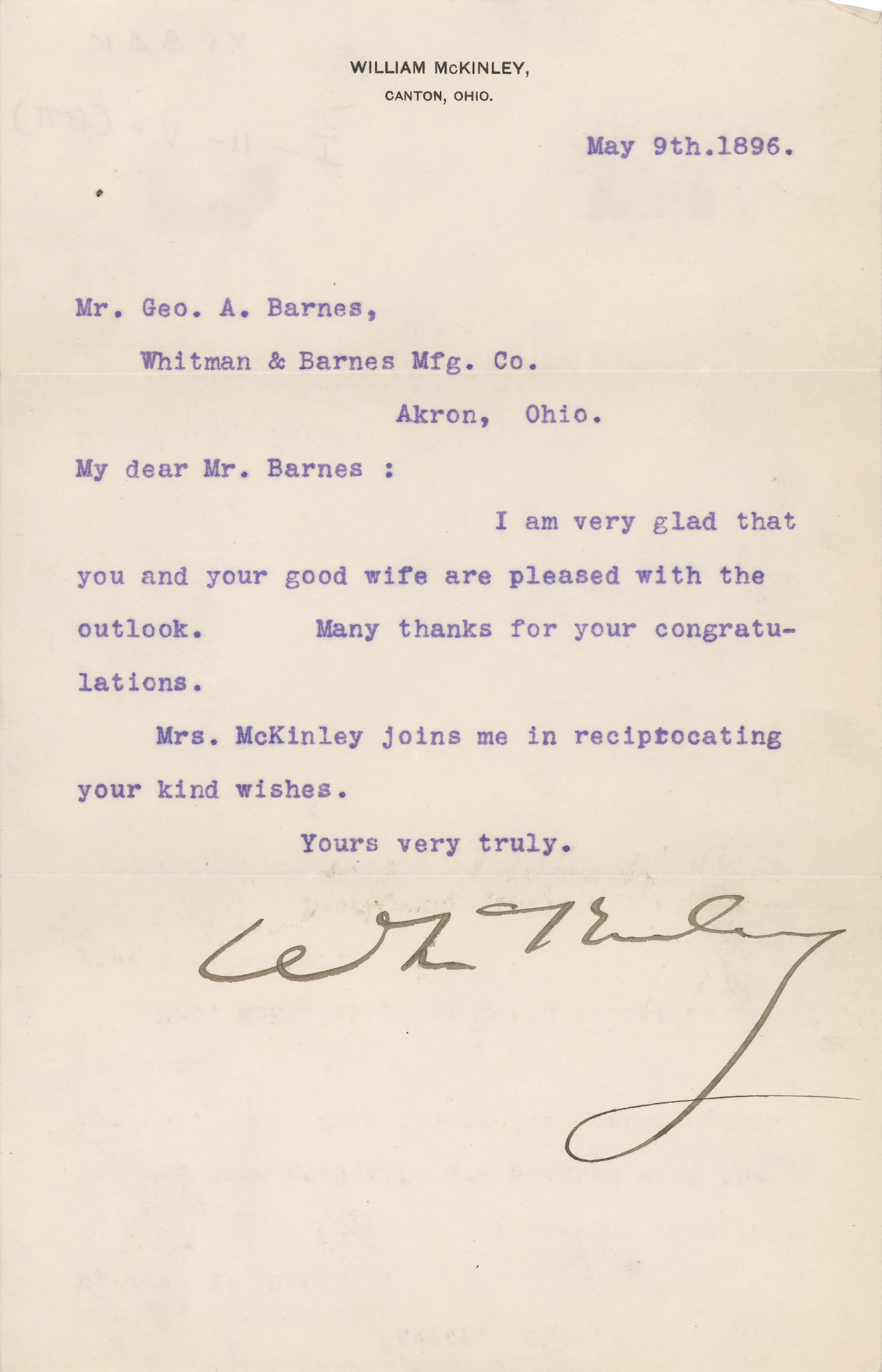 William McKinley Typed Letter Signed