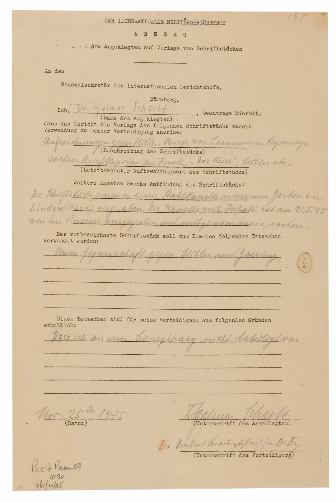 Hjalmar Schacht Document Signed at Nuremberg, Calling for Buried Evidence