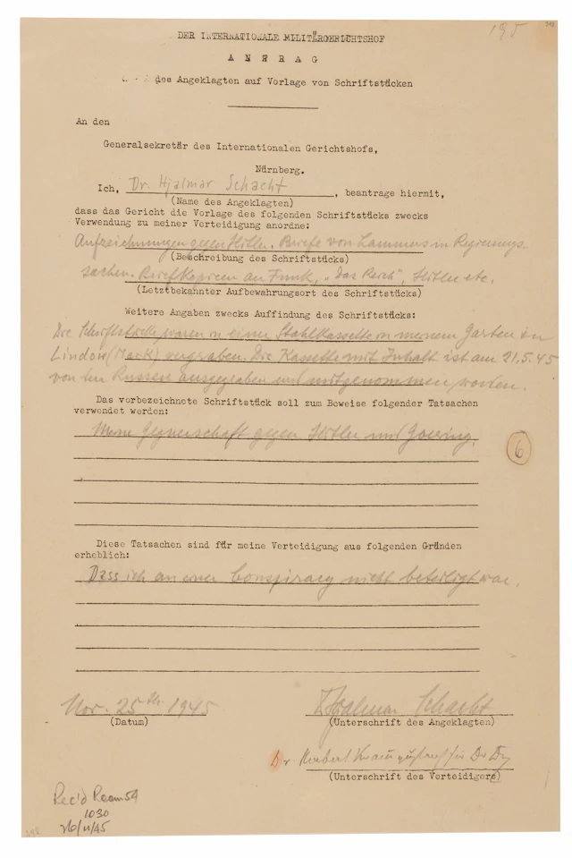 Hjalmar Schacht Document Signed at Nuremberg, Calling for Buried Evidence