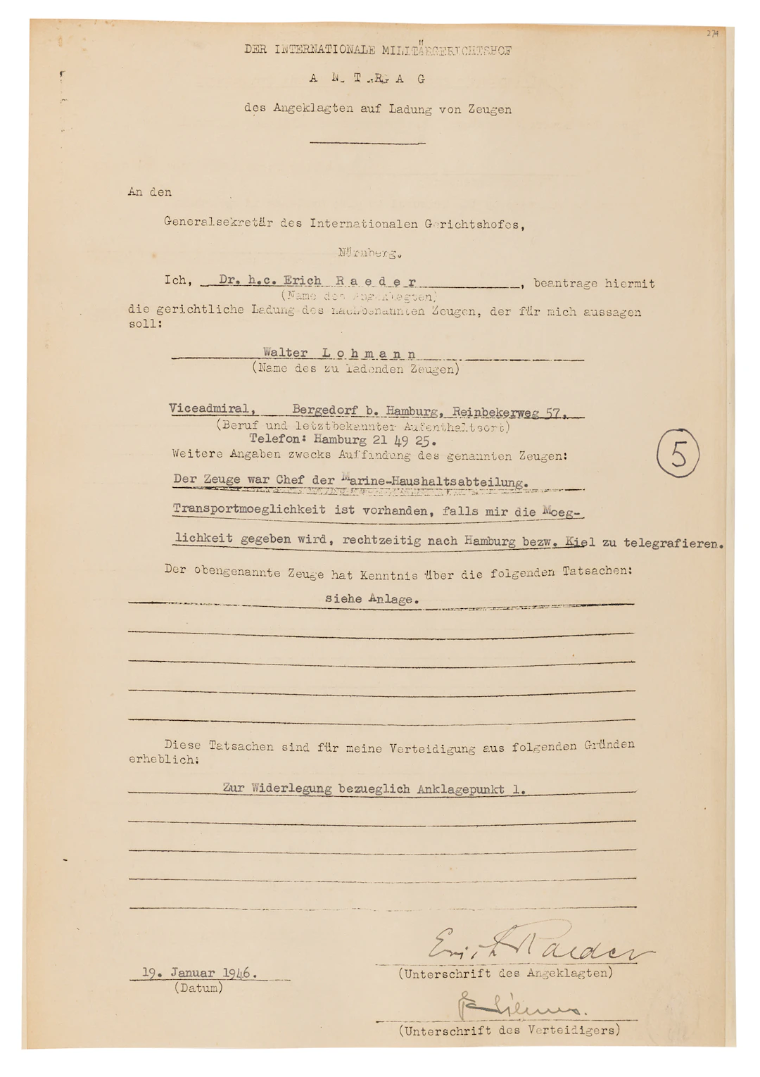 Erich Raeder Document Signed at Nuremberg - Witness Request for Architect