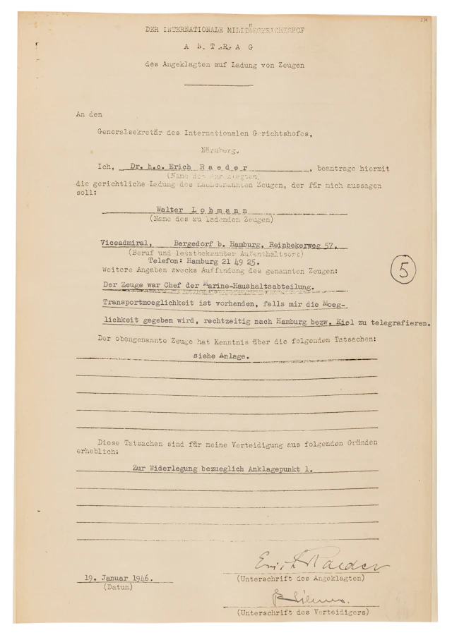 Erich Raeder Document Signed at Nuremberg - Witness Request for Architect