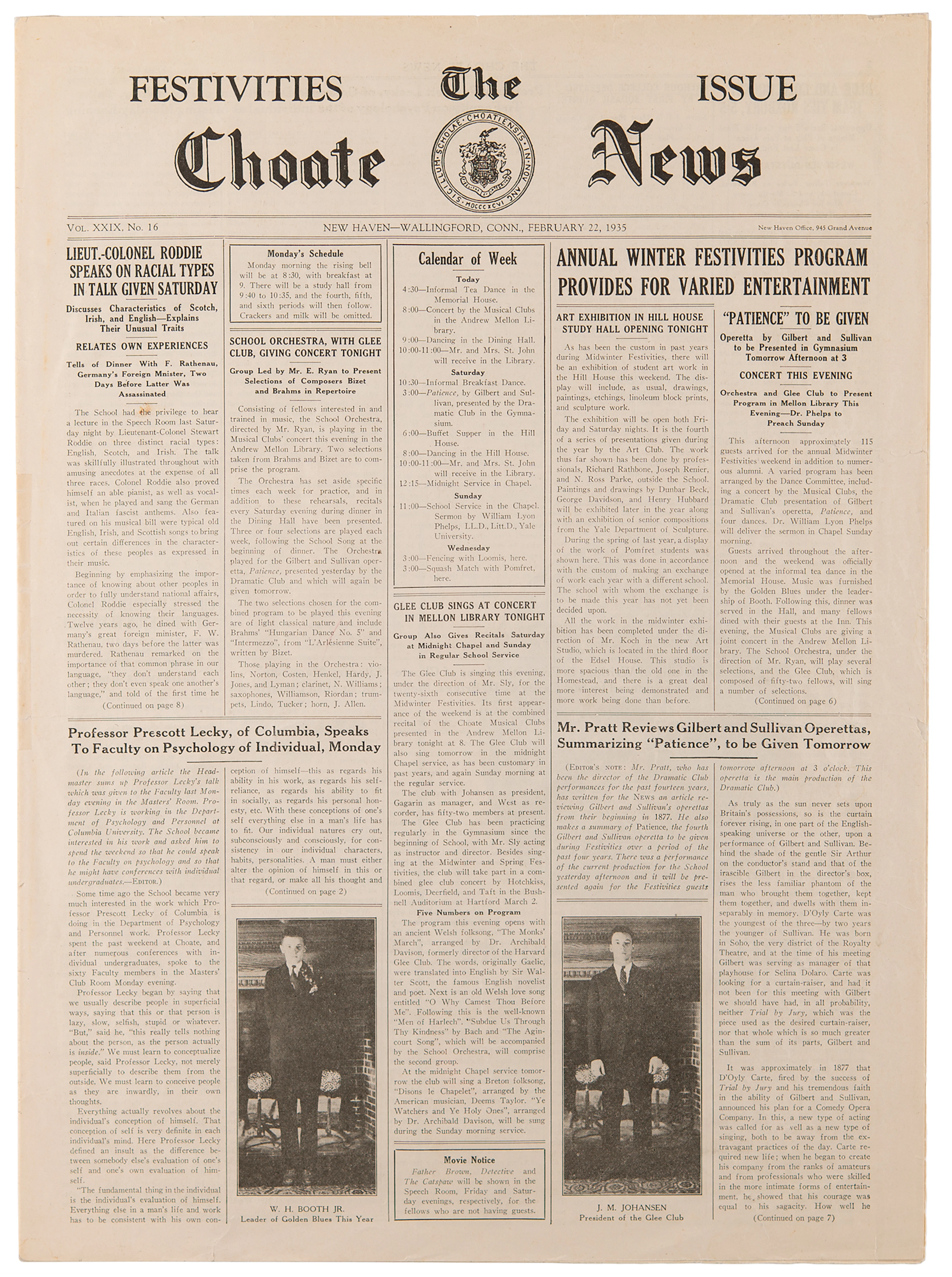 John F. Kennedy: 1935 Festivities Issue of The Choate News