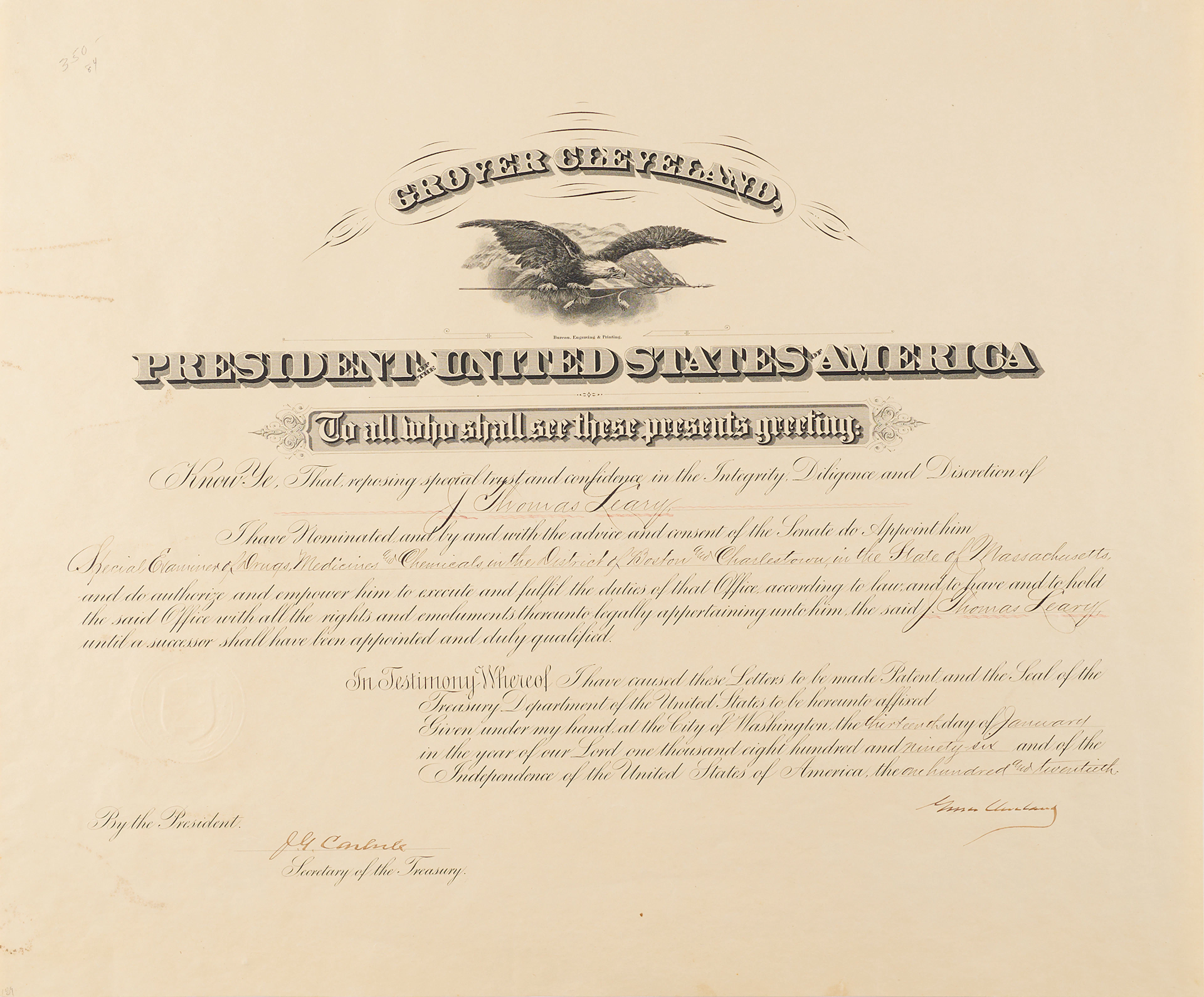 Grover Cleveland Document Signed as President, Appointing a Special