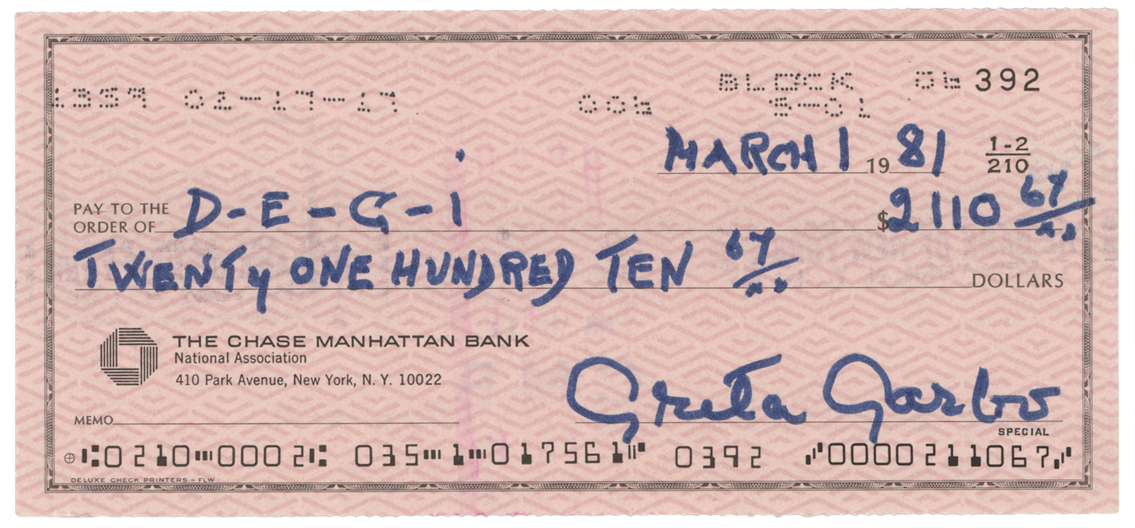 Greta Garbo Signed Check