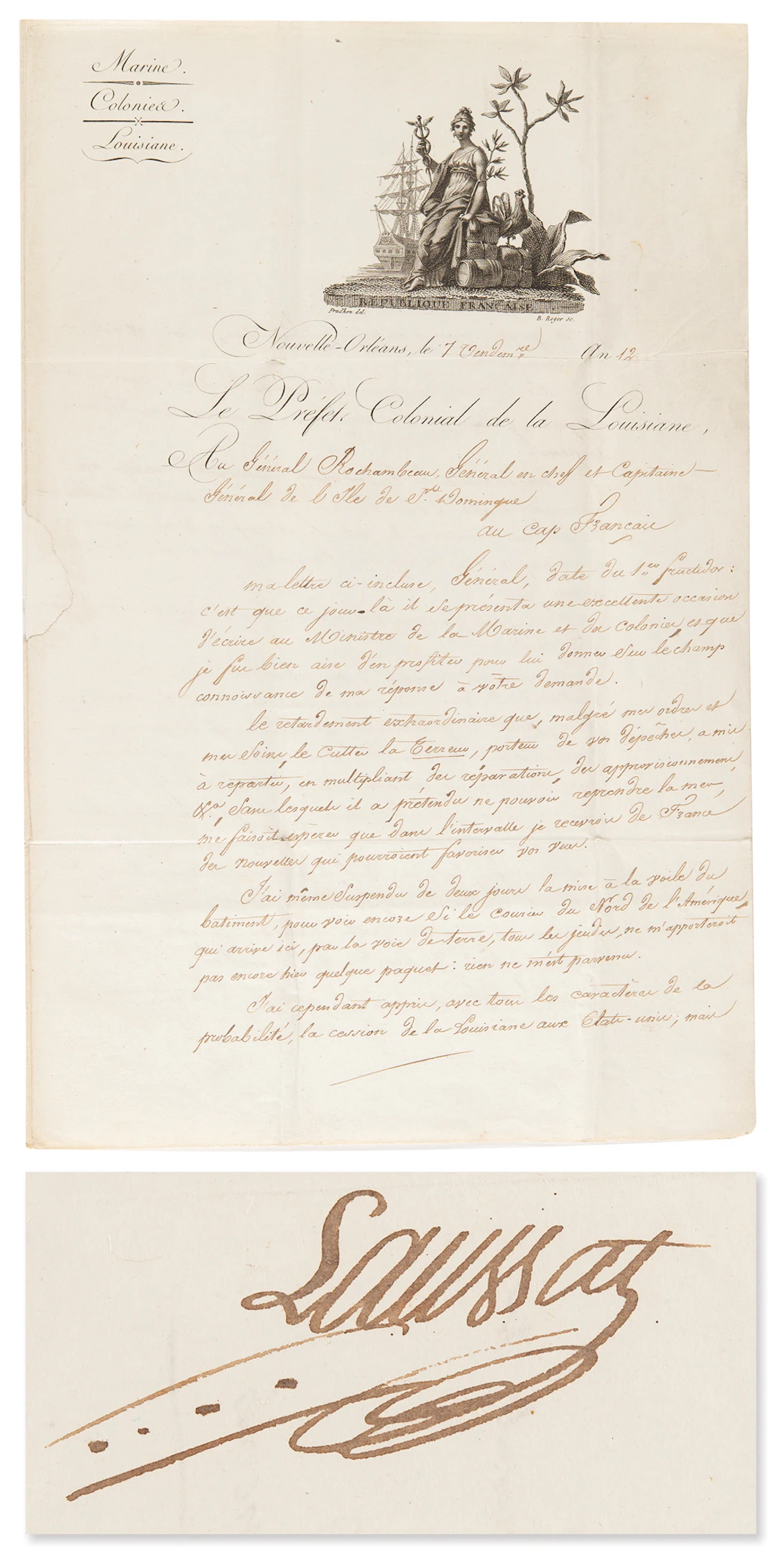 Napoleon: Pierre-Clément de Laussat Letter Signed on the Louisiana