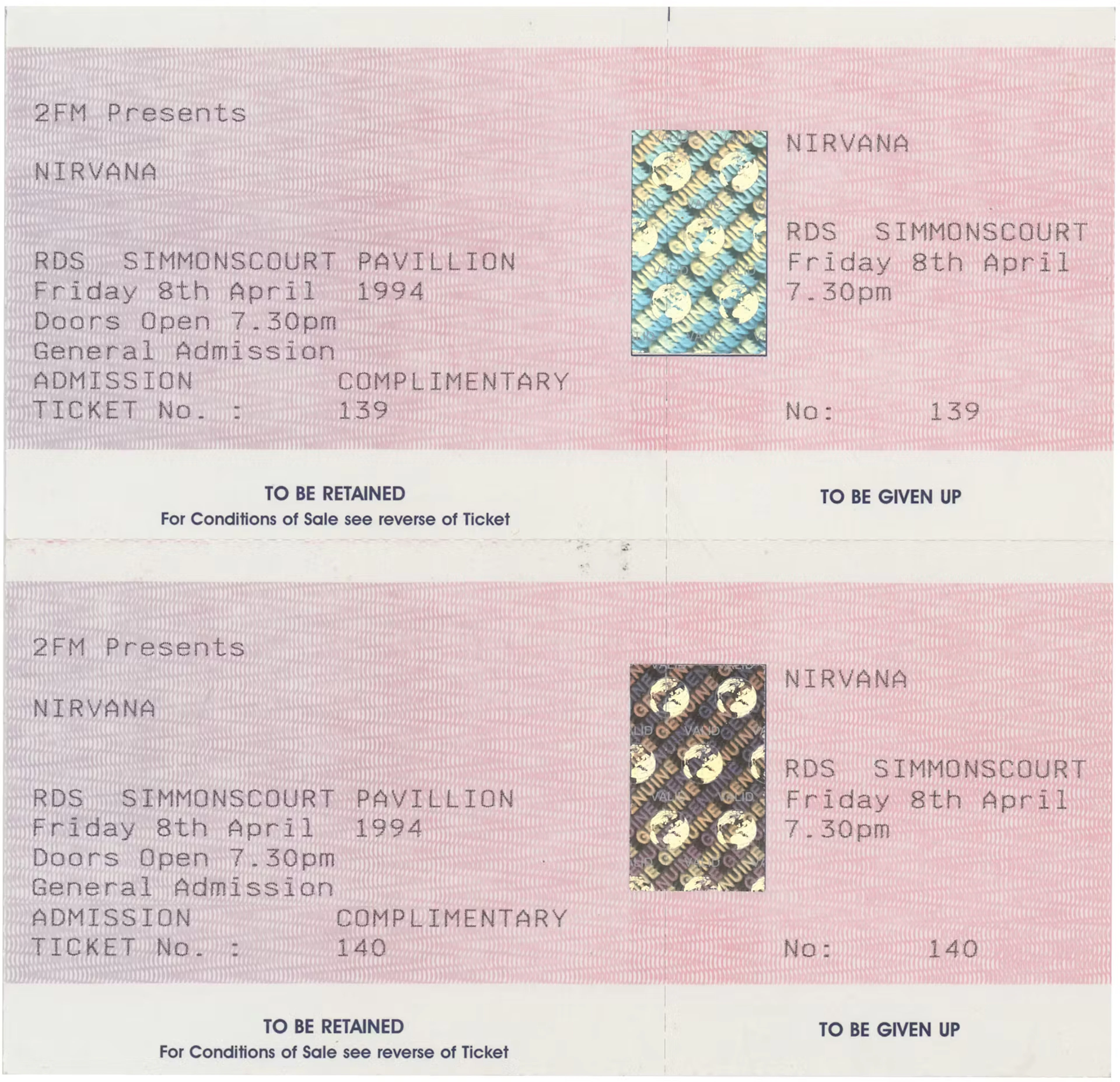 Kurt Cobain: Nirvana (2) Unused Concert Tickets for Dublin's RDS Simmonscourt