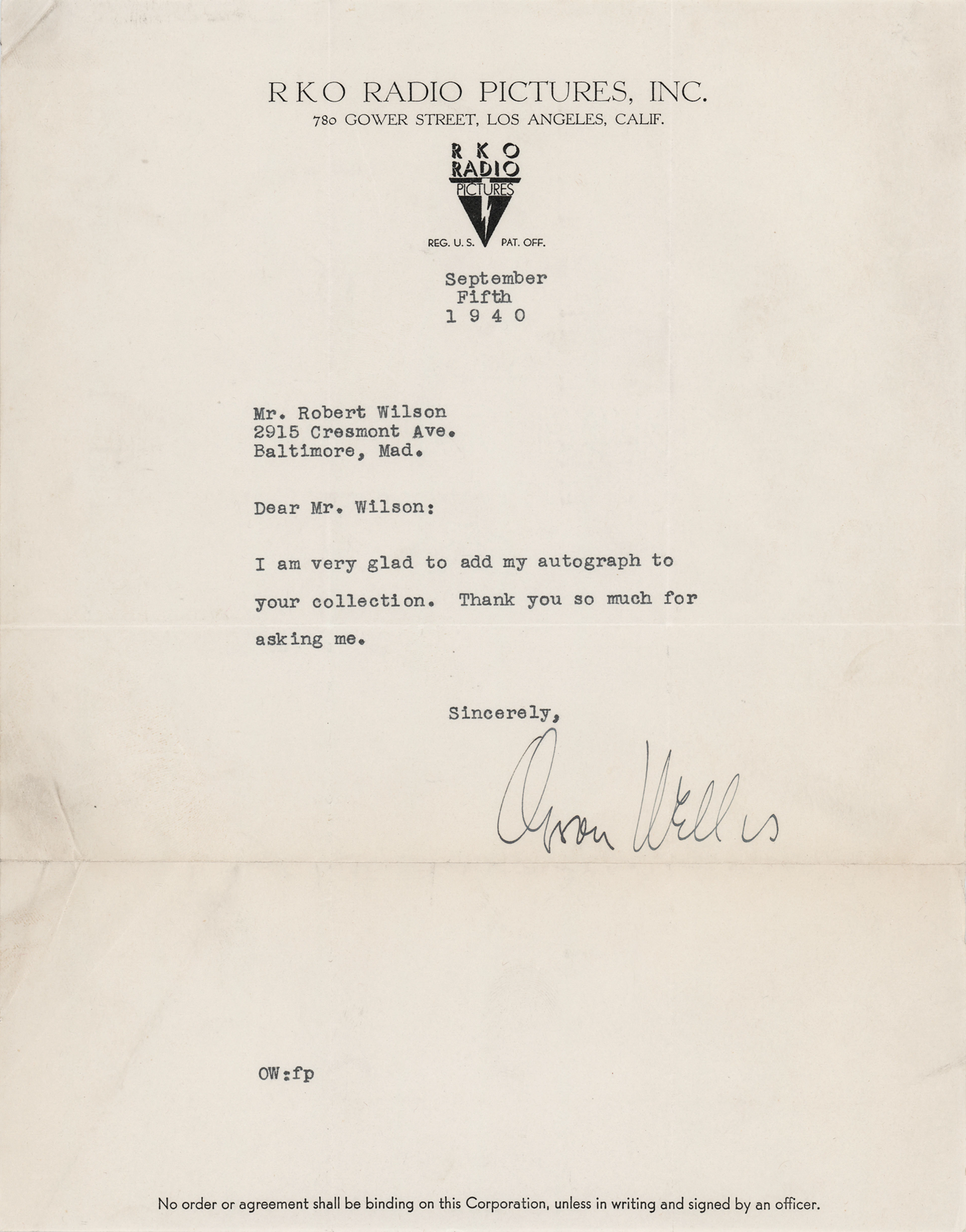 Orson Welles Typed Letter Signed