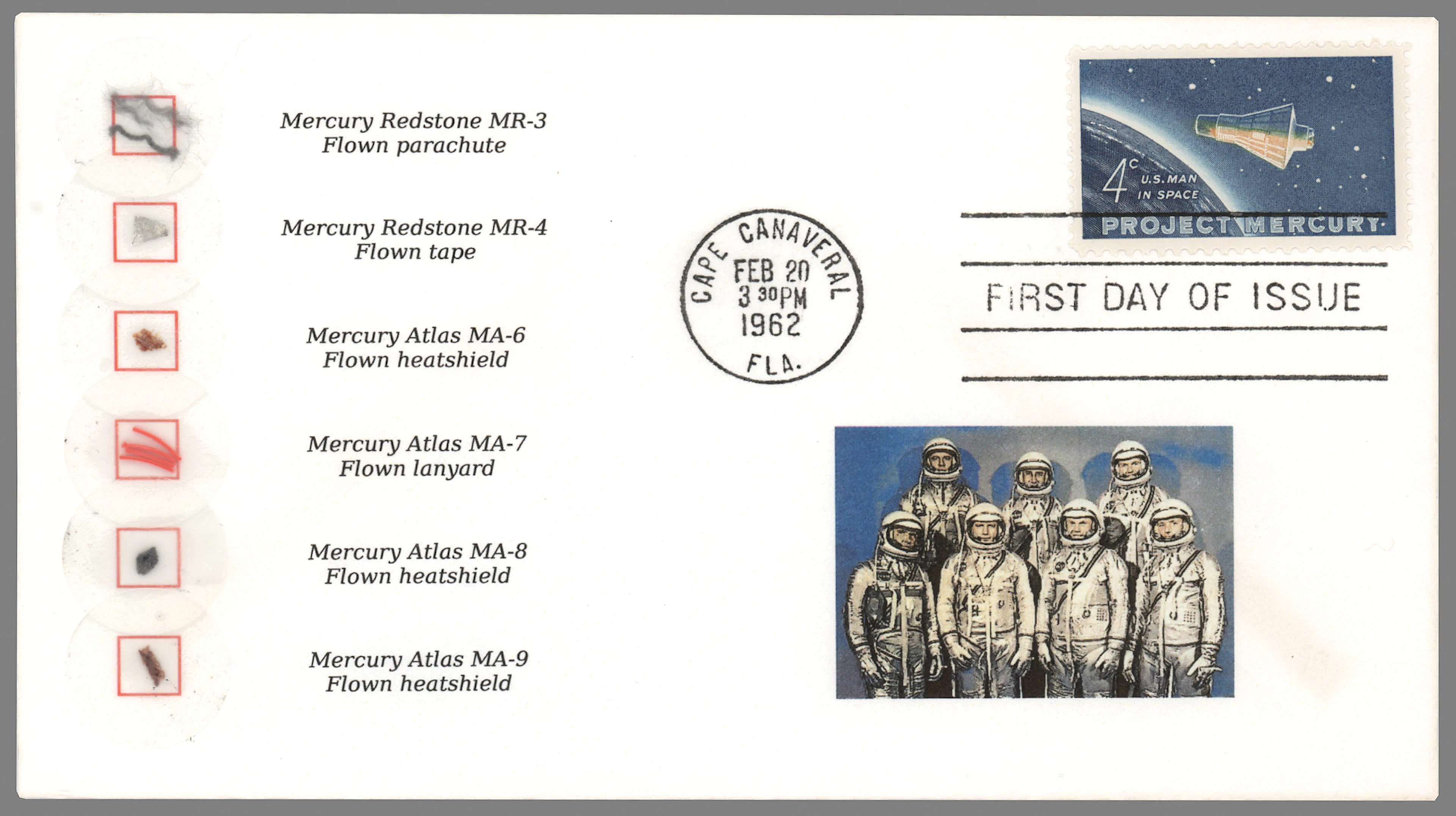 Mercury Program (6) Artifact Fragments from Each Manned Mission (Attested