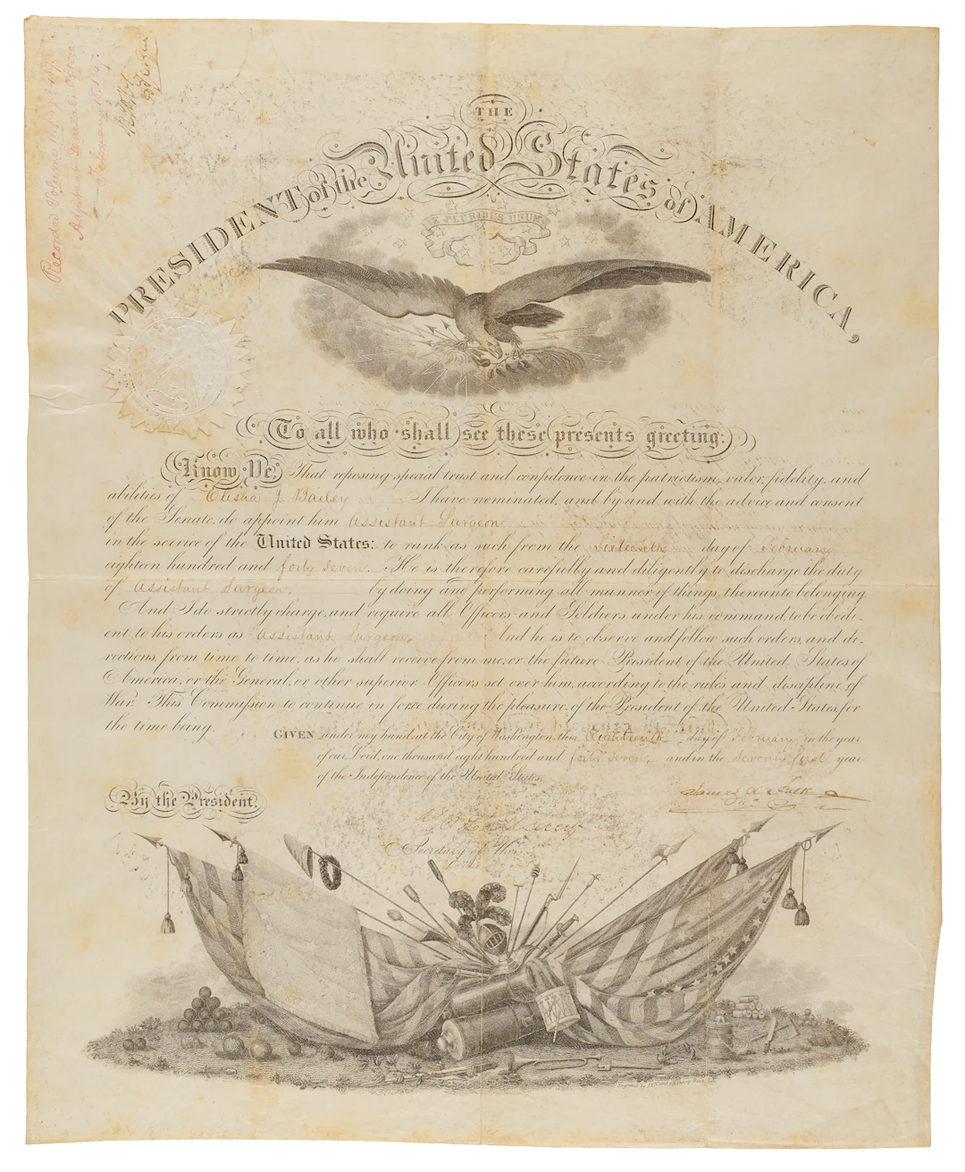 James K. Polk Document Signed as President, Appointing an Assistant Surgeon