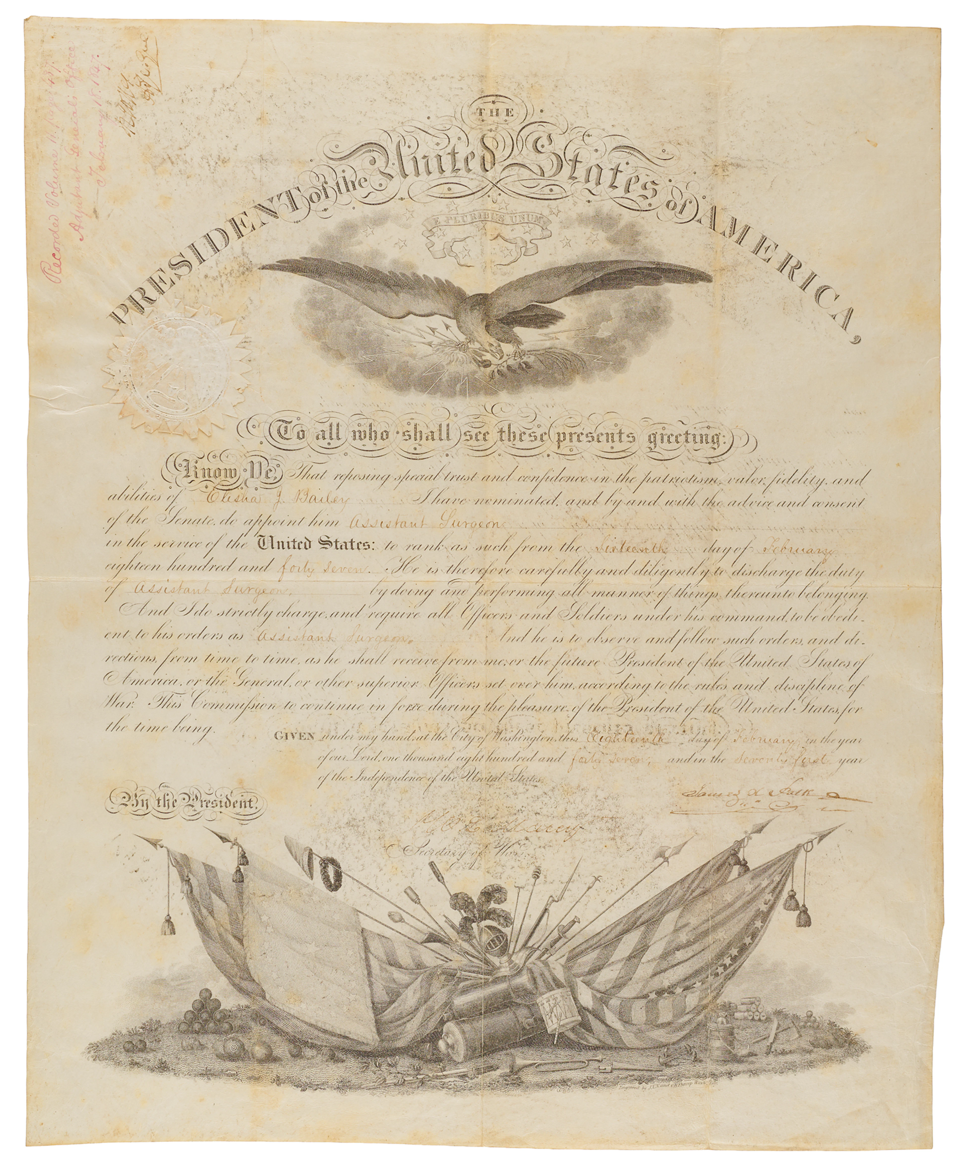 James K. Polk Document Signed as President, Appointing an Assistant Surgeon