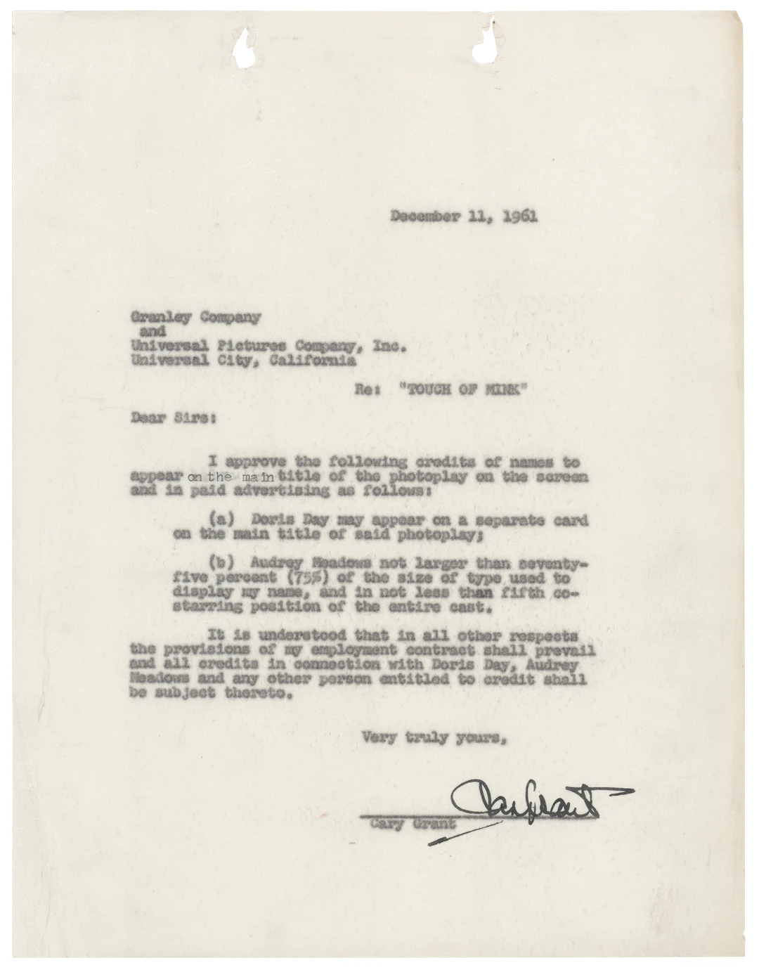 Cary Grant Signed 1961 Document Approving Screen Billing for That Touch of Mink