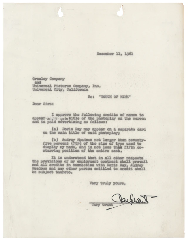 Cary Grant Signed 1961 Document Approving Screen Billing for That Touch of Mink