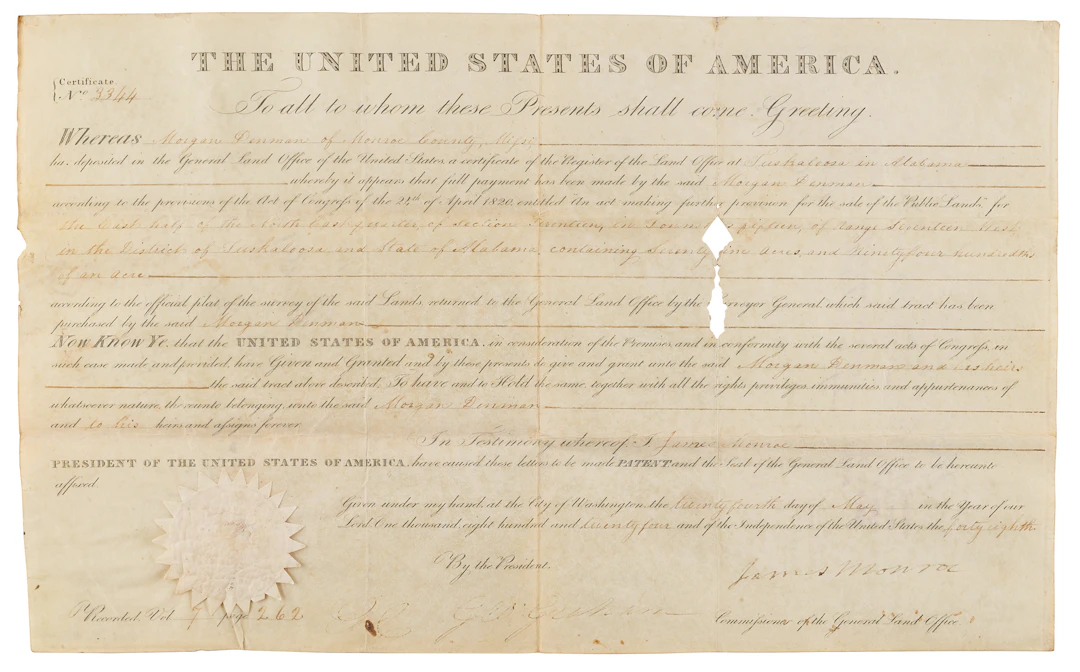 James Monroe Document Signed as President, Granting Land in Alabama