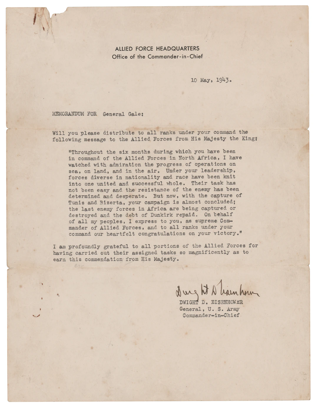 Dwight D. Eisenhower War-Dated Typed Letter Signed - Relaying King