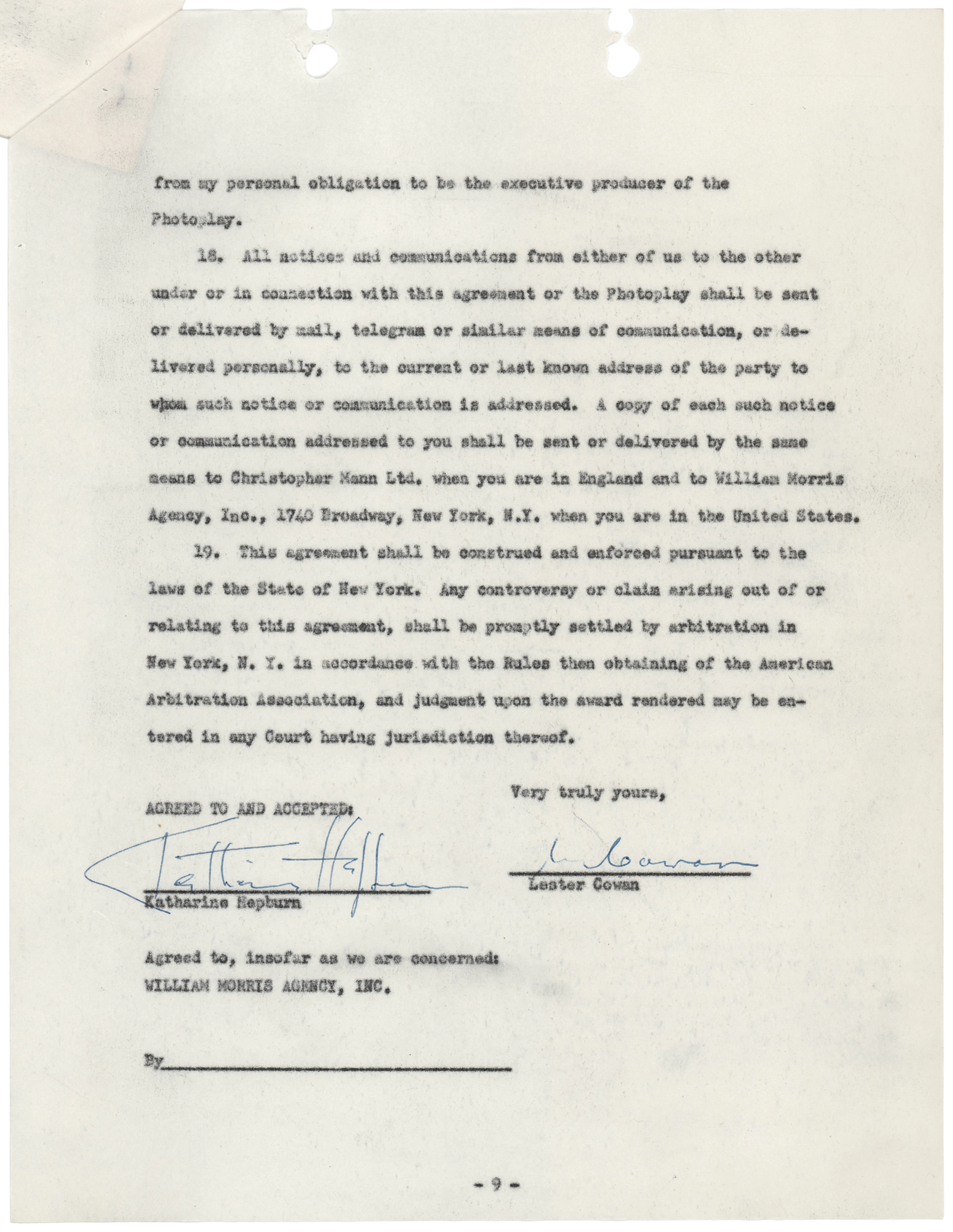 Katharine Hepburn Document Signed